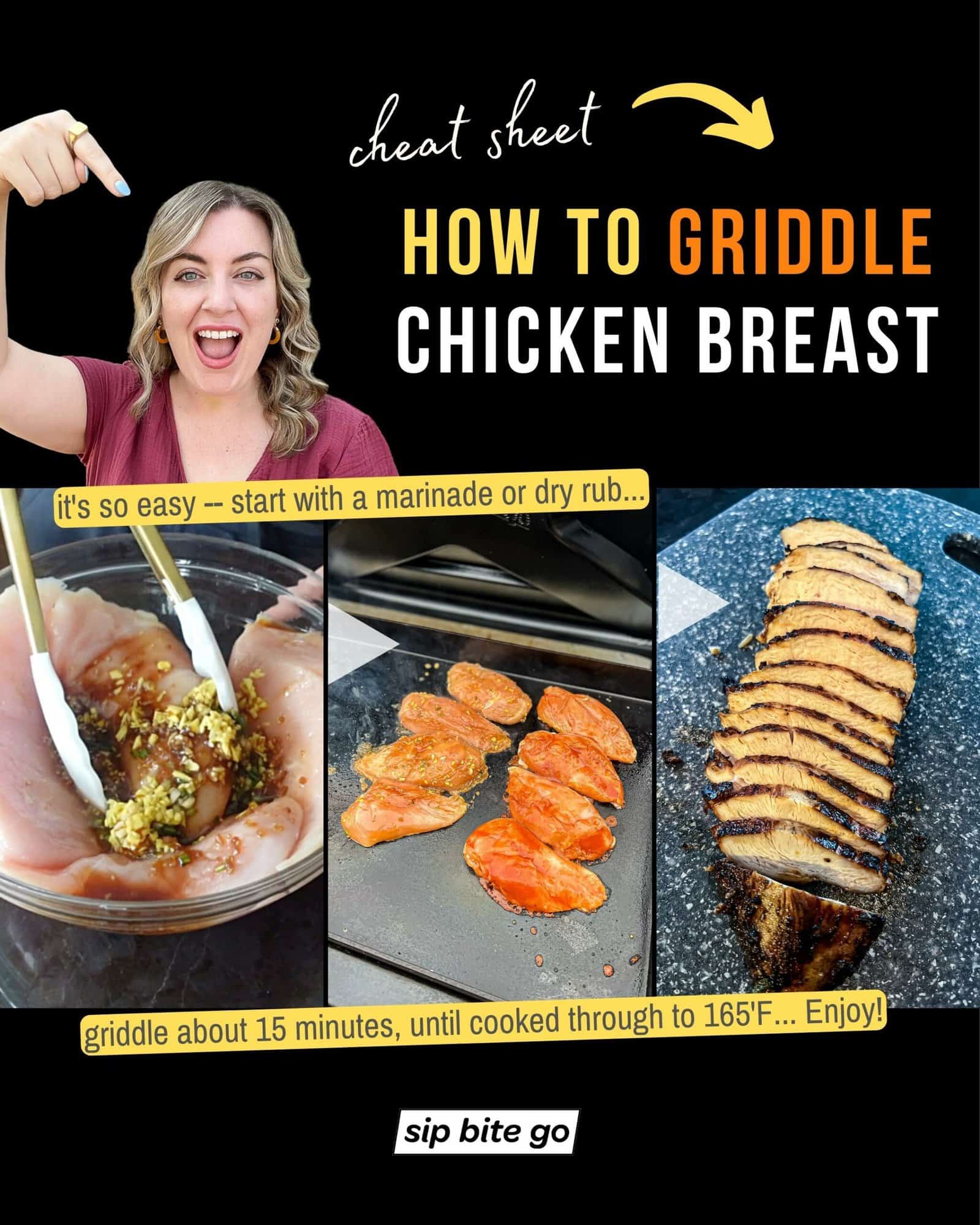 Infographic with recipe steps depicting how to make griddled chicken breasts and Jenna Passaro with Sip Bite Go logo