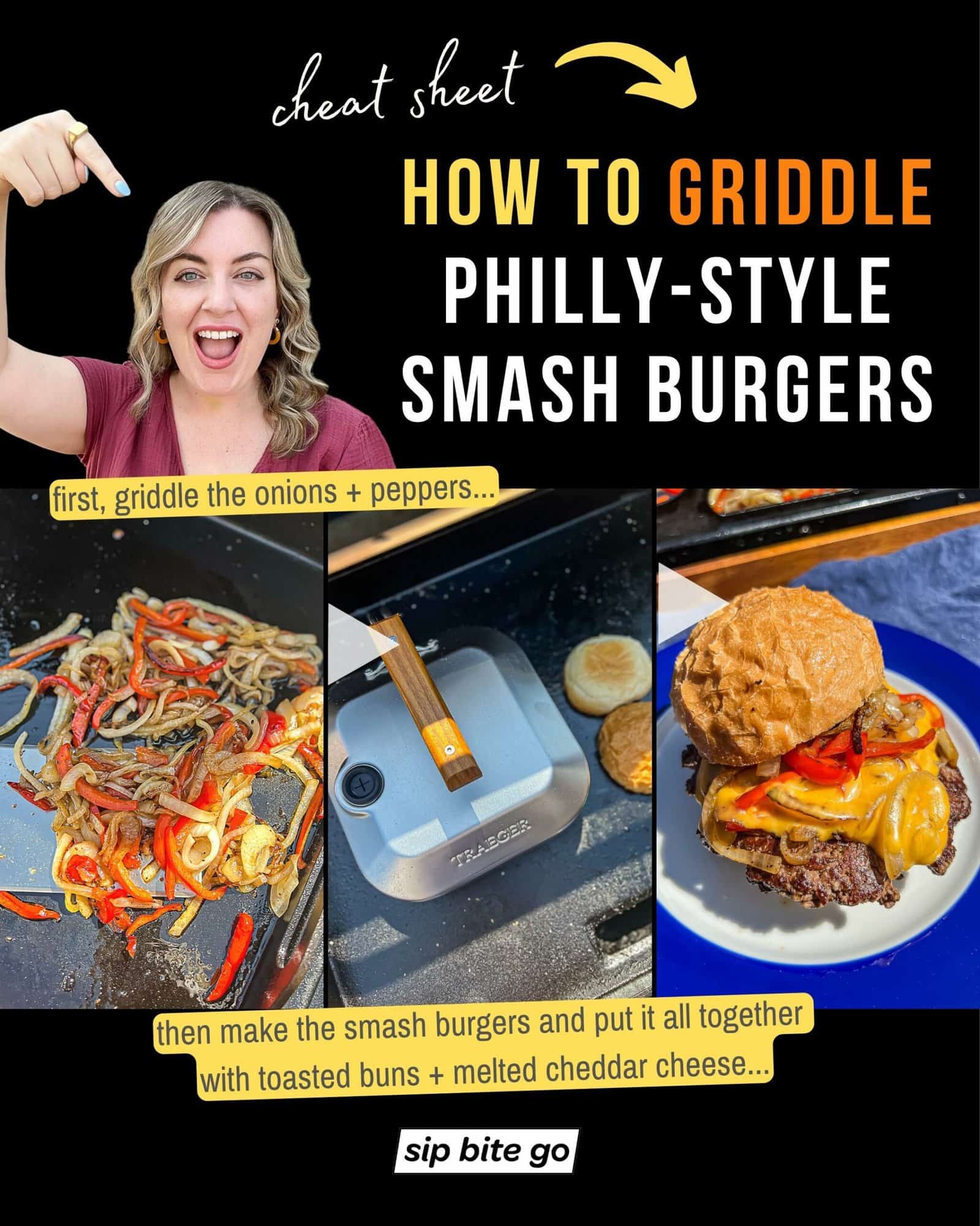 Infographic with steps for cooking smashed Philly cheesesteak burgers on the griddle using the Traeger Flatrock with Sip Bite Go food logo