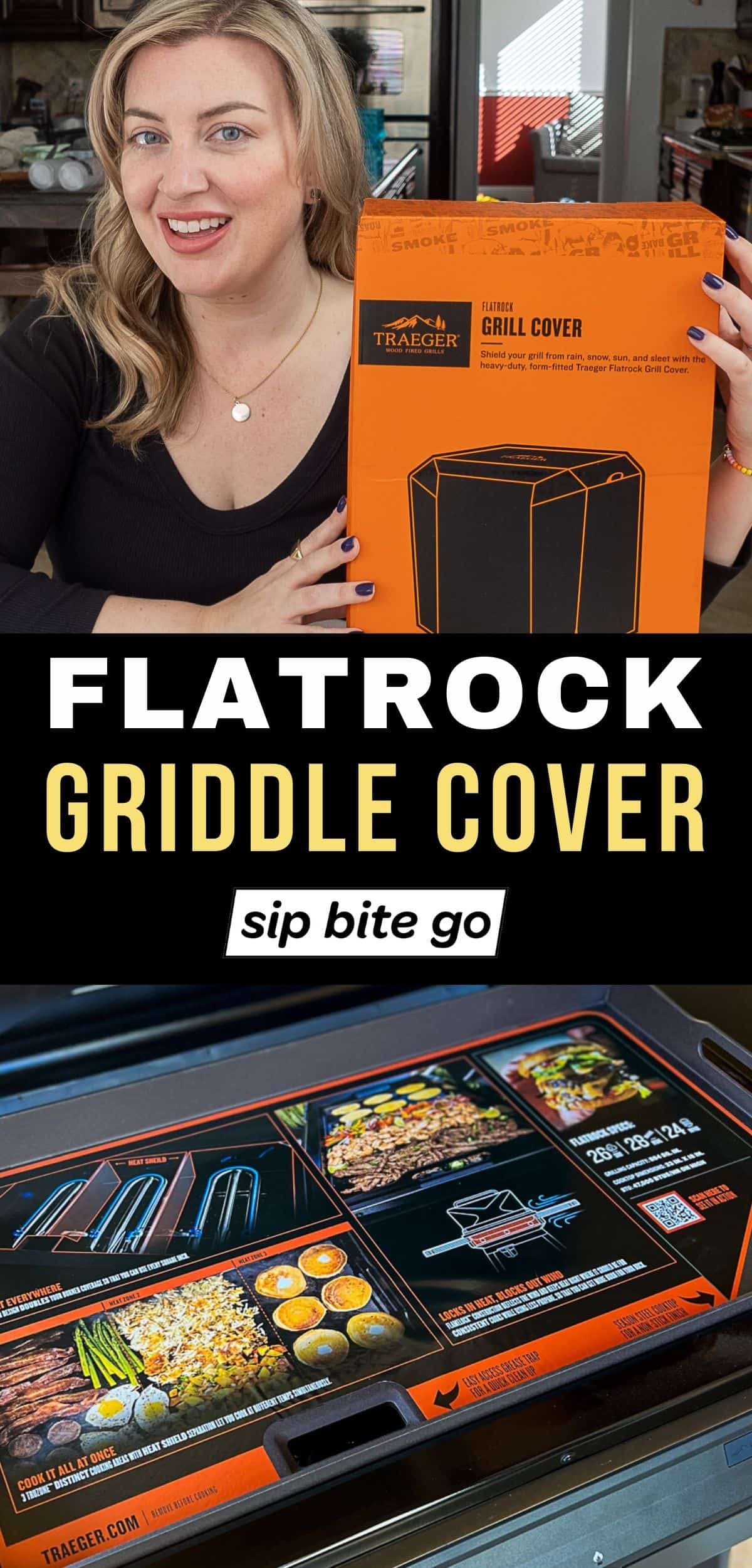 Traeger Flatrock Griddle Grill Cover with text overlay and food blogger Jenna Passaro from Sip Bite Go