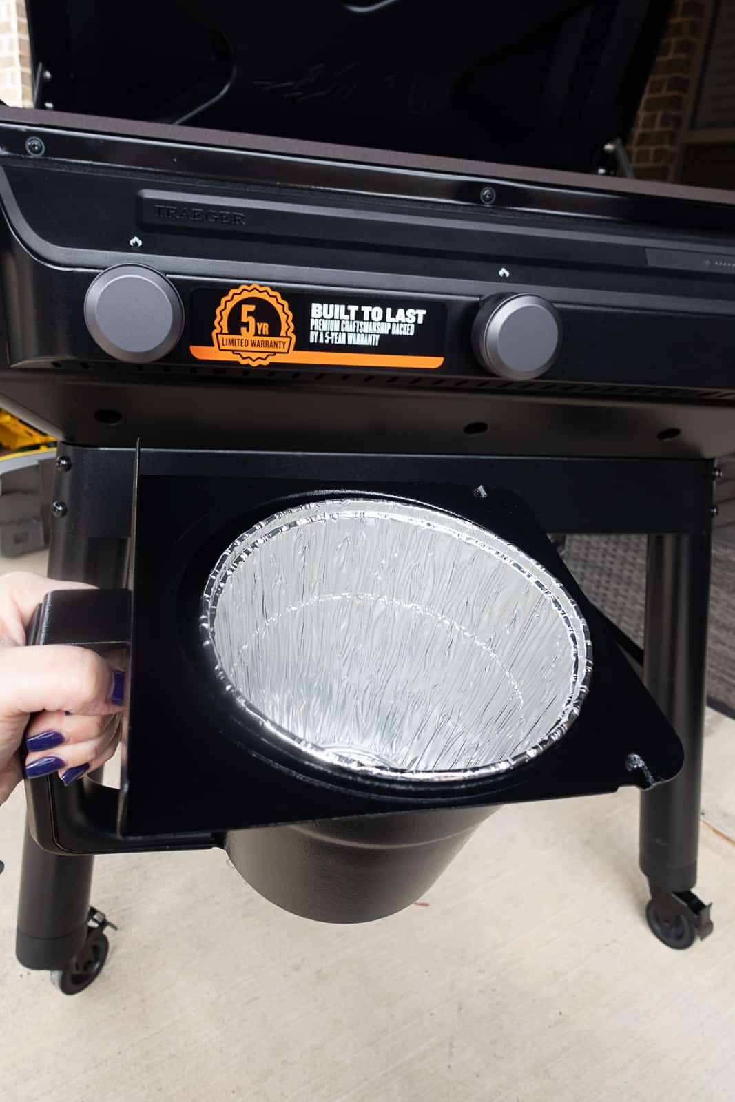 Traeger grease bucket pan and holder for flattop Griddle Grill