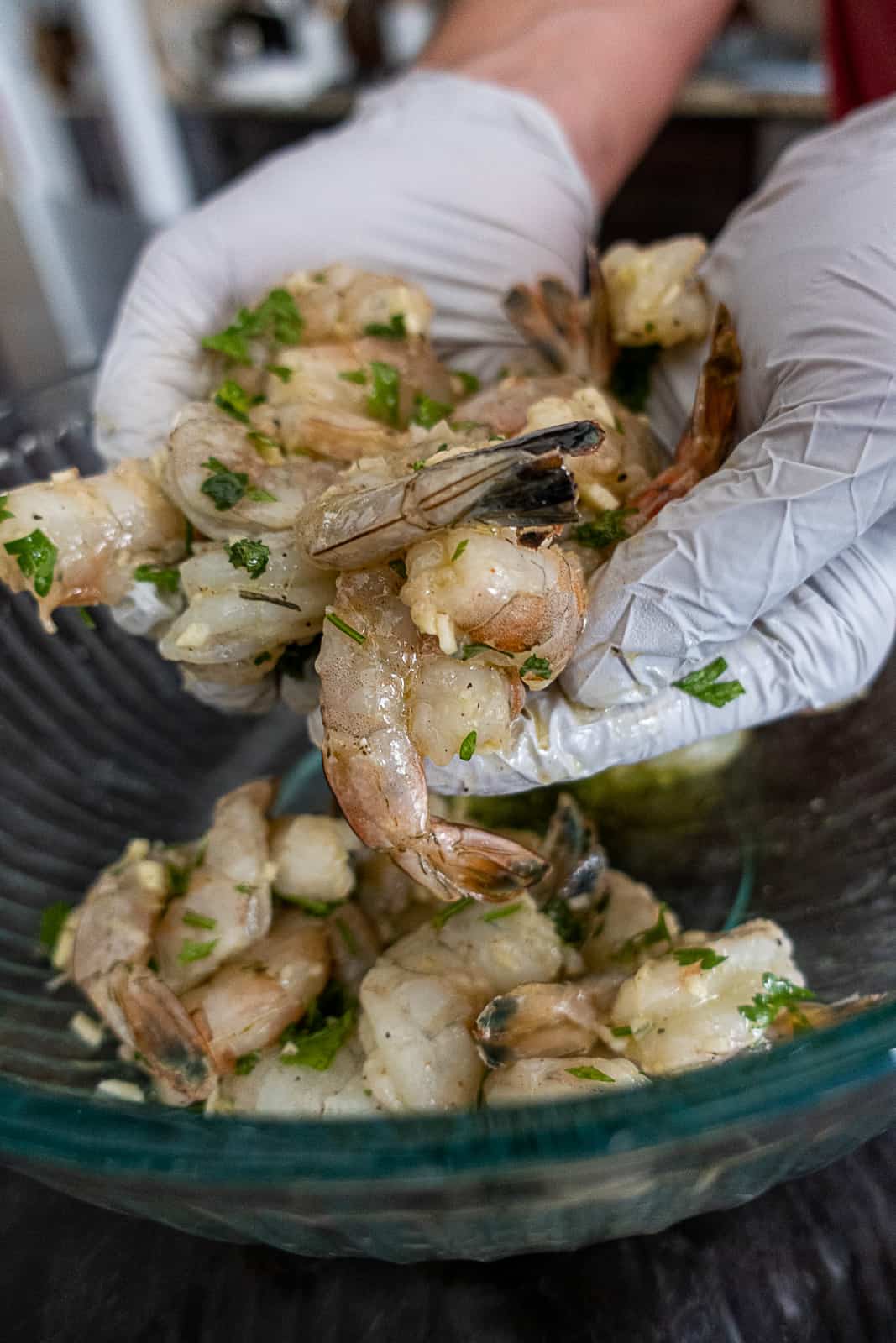 Closeup of Marinated Shrimp Prepped for Grilling