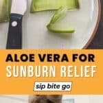 Demonstrating how to use aloe vera plant for sunscreen relief with text overlay and Sip Bite Go logo