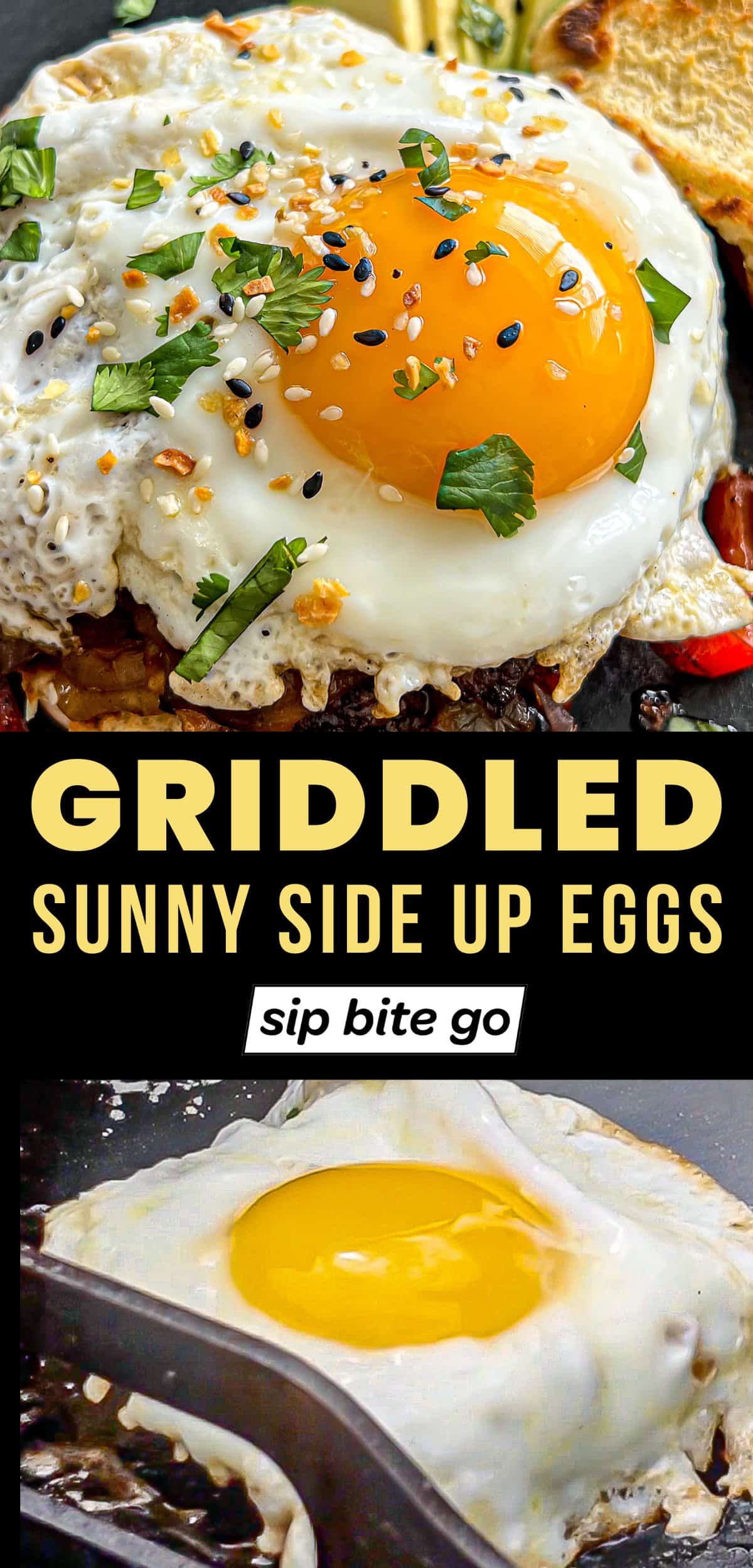 Griddle Cooking Sunny side up eggs on the Traeger Grills Flatrock Griddle with Sip Bite Go logo and text overlay