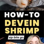 How To Devein Shrimp text overlay with cooked shrimp recipe image and Sip Bite Go logo