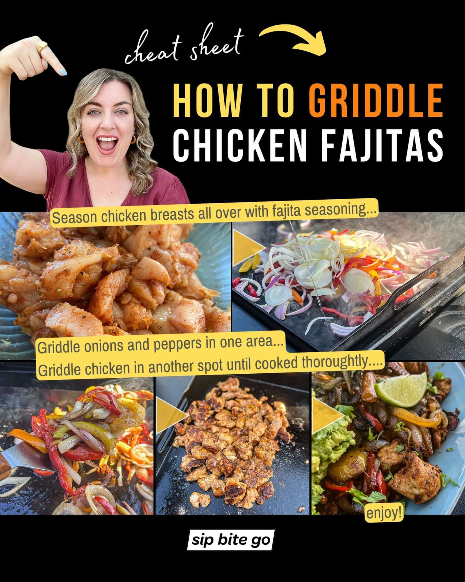 Infographic demonstrating how to cook Chicken Fajitas On Traeger Flatrock Griddle Grill with onions and peppers with text captions and Sip Bite Go logo
