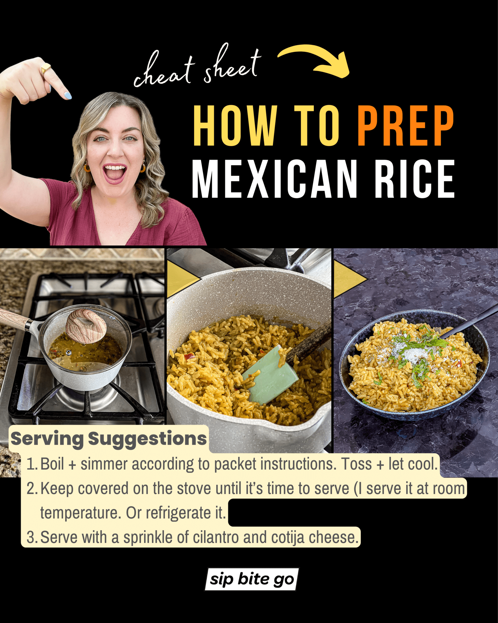 Infographic depicing how to prepare mexican rice side dish for fajitas dinner with Sip Bite Go logo