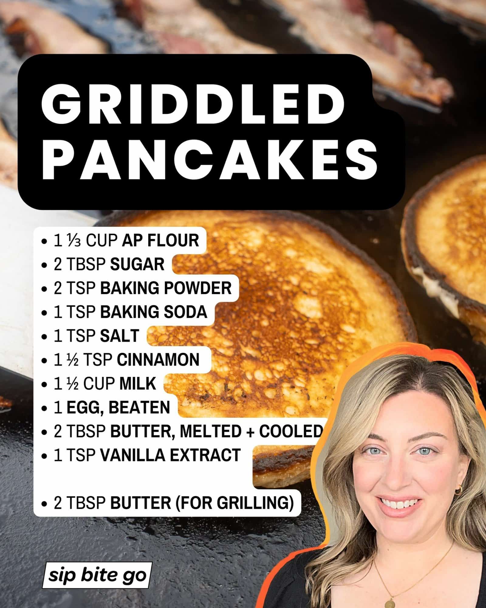Infographic with ingredients to make the Best Pancake Griddle Recipe From Scratch with Jenna Passaro and Sip Bite Go logo