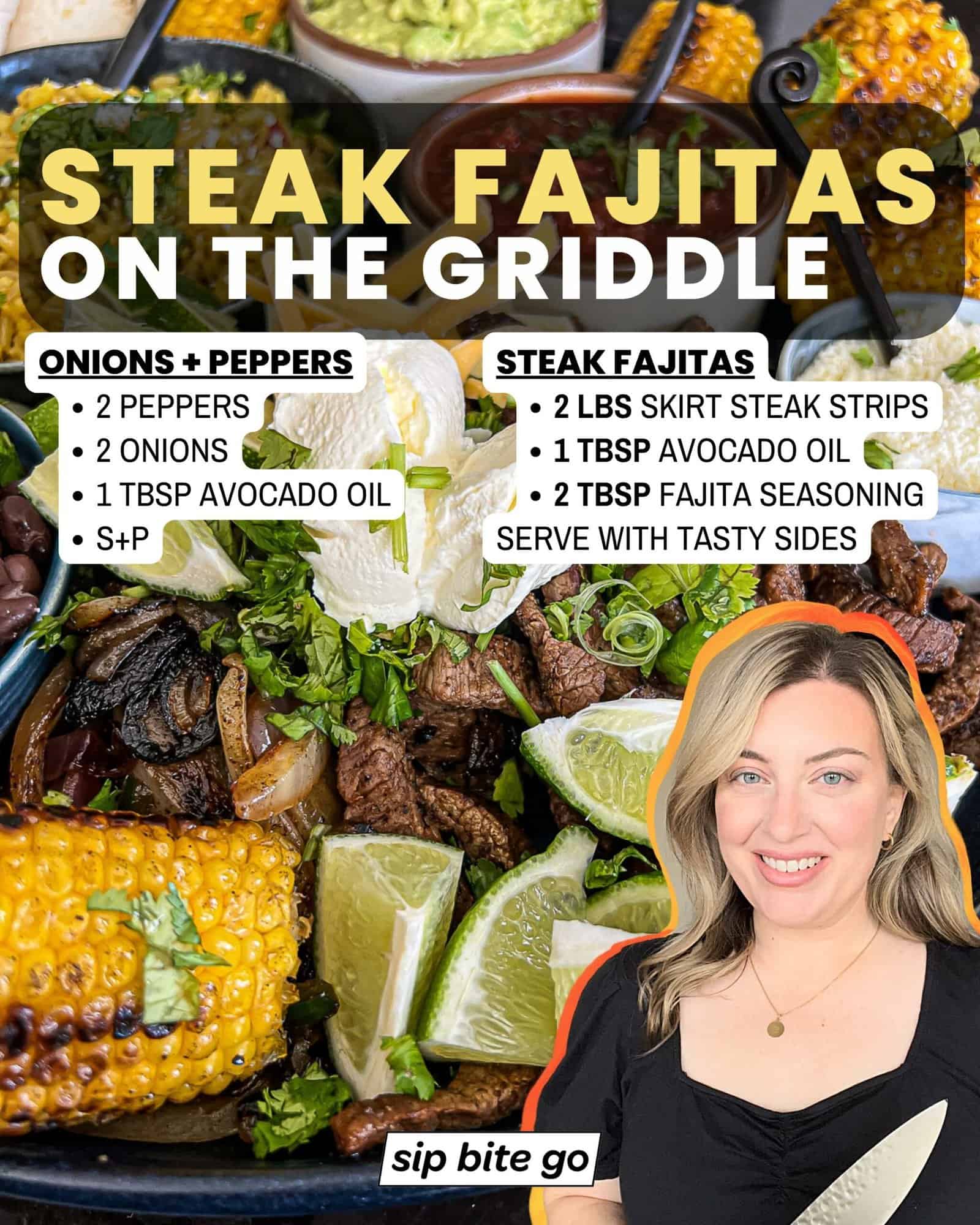 Infographic with recipe ingredients list for making steak fajitas on the griddle with Jenna Passaro and Sip Bite Go logo