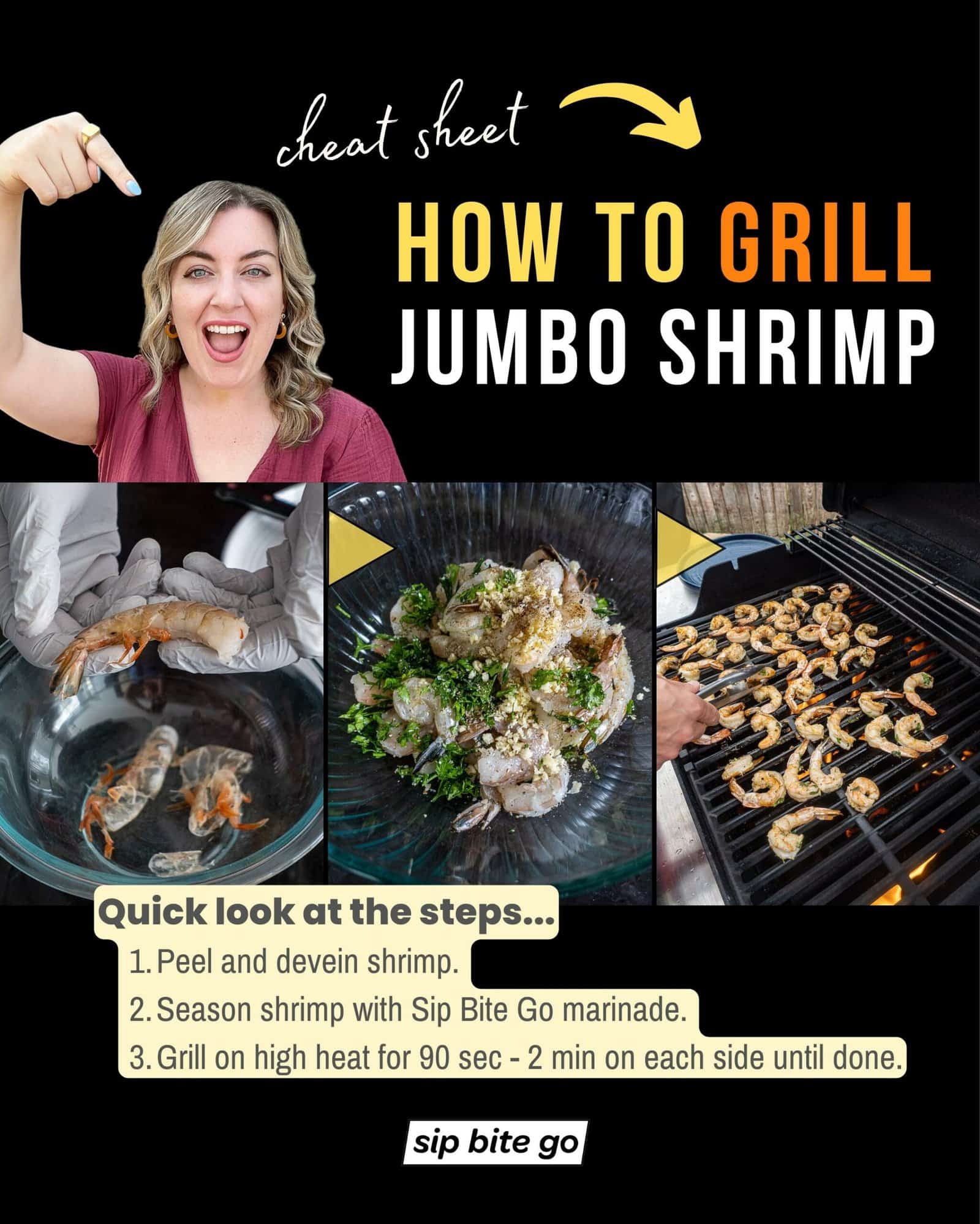 Infographic with recipe steps for grilled shrimp with marinade with captions and Sip Bite Go logo