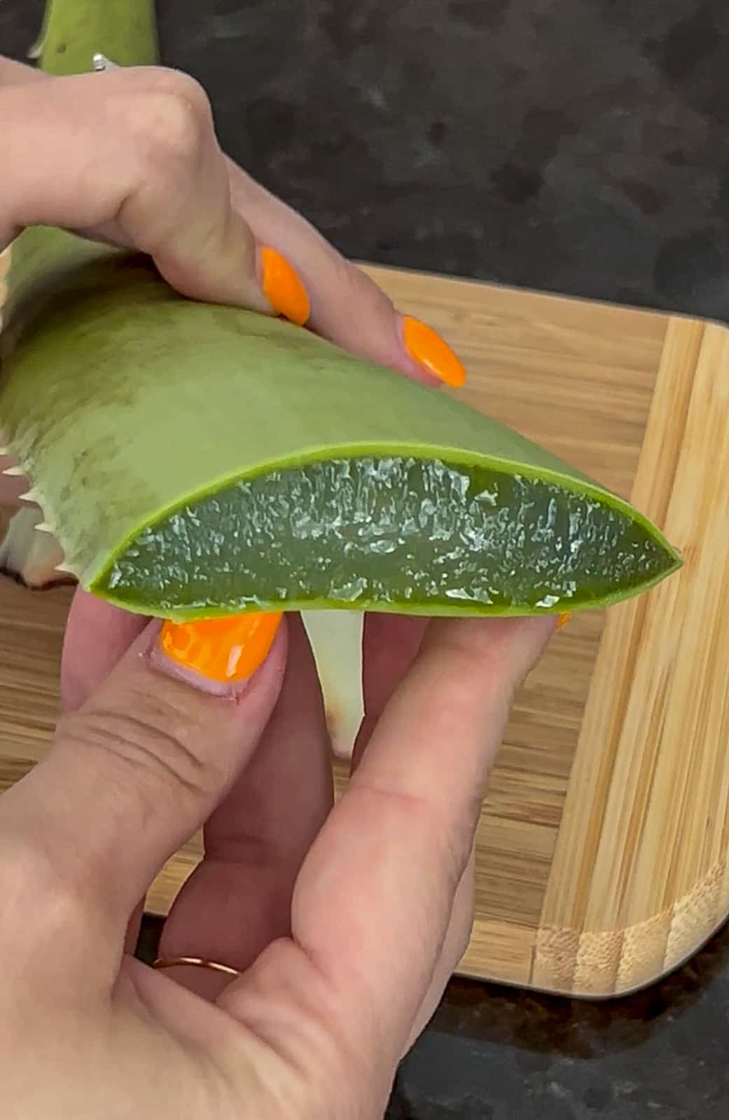 Inside of Aloe Vera Plant Leaf cut open to treat sunburn with gel