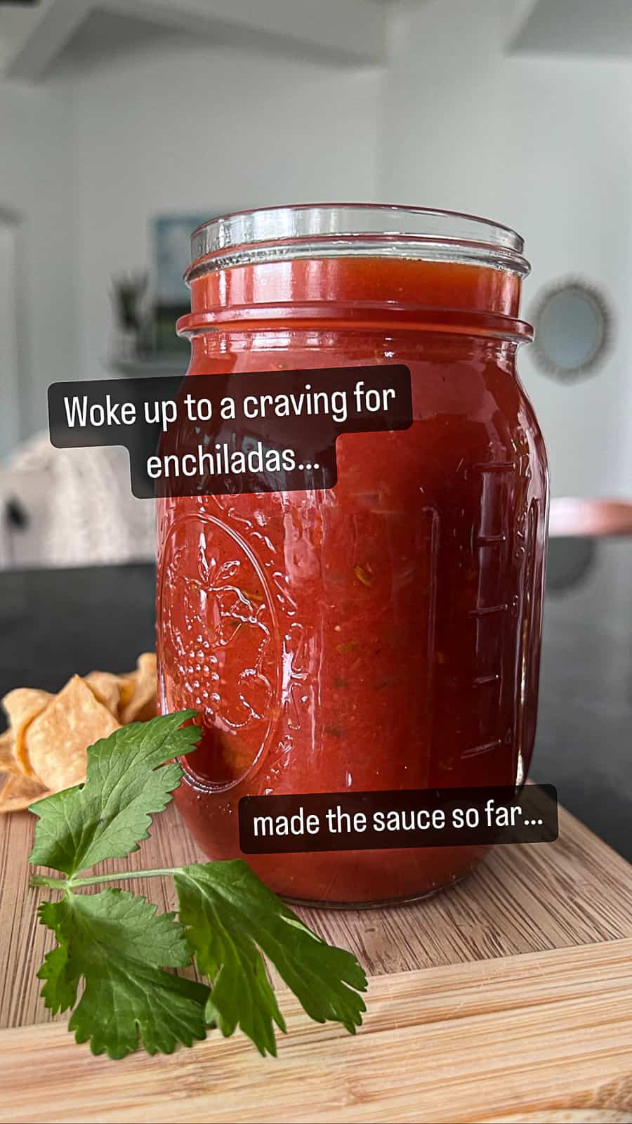 Enchilada Sauce in a jar with text about craving Mexican enchiladas social media post on