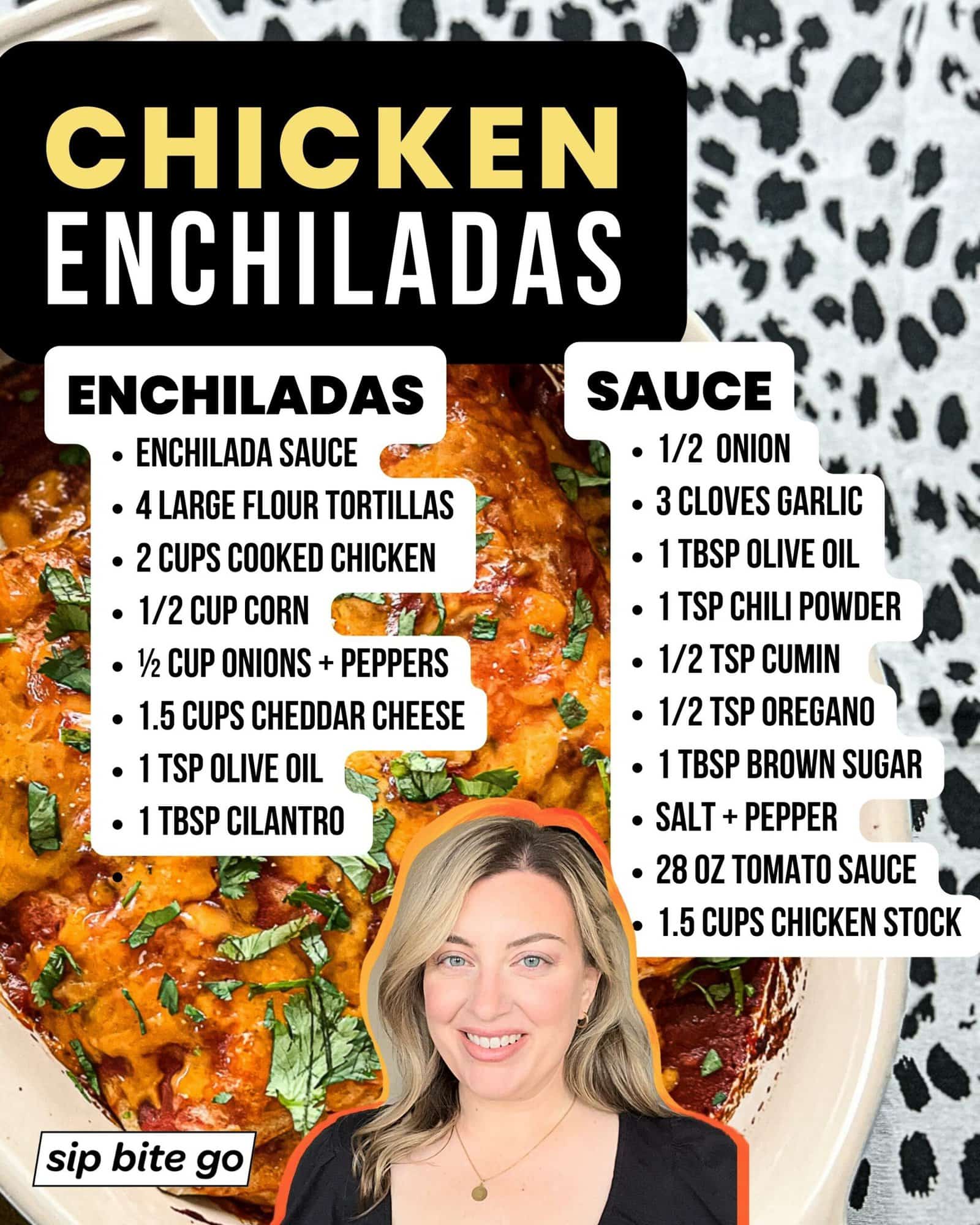 Infographic with ingredients list for cooking Homemade Chicken Enchiladas with Sauce and Jenna Passaro with Sip Bite Go logo