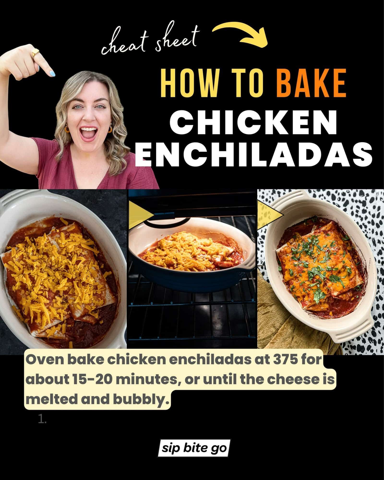 Infographic with recipe steps for How To Bake Chicken Enchiladas with text directions and Jenna Passaro with Sip Bite Go logo