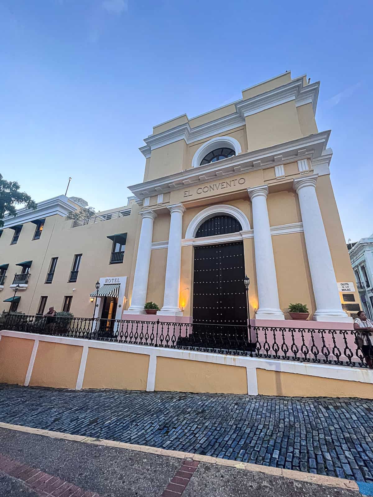 Blue cobblestone street view of Hotel el Convento Restaurant in Old San Juan Puerto Rico