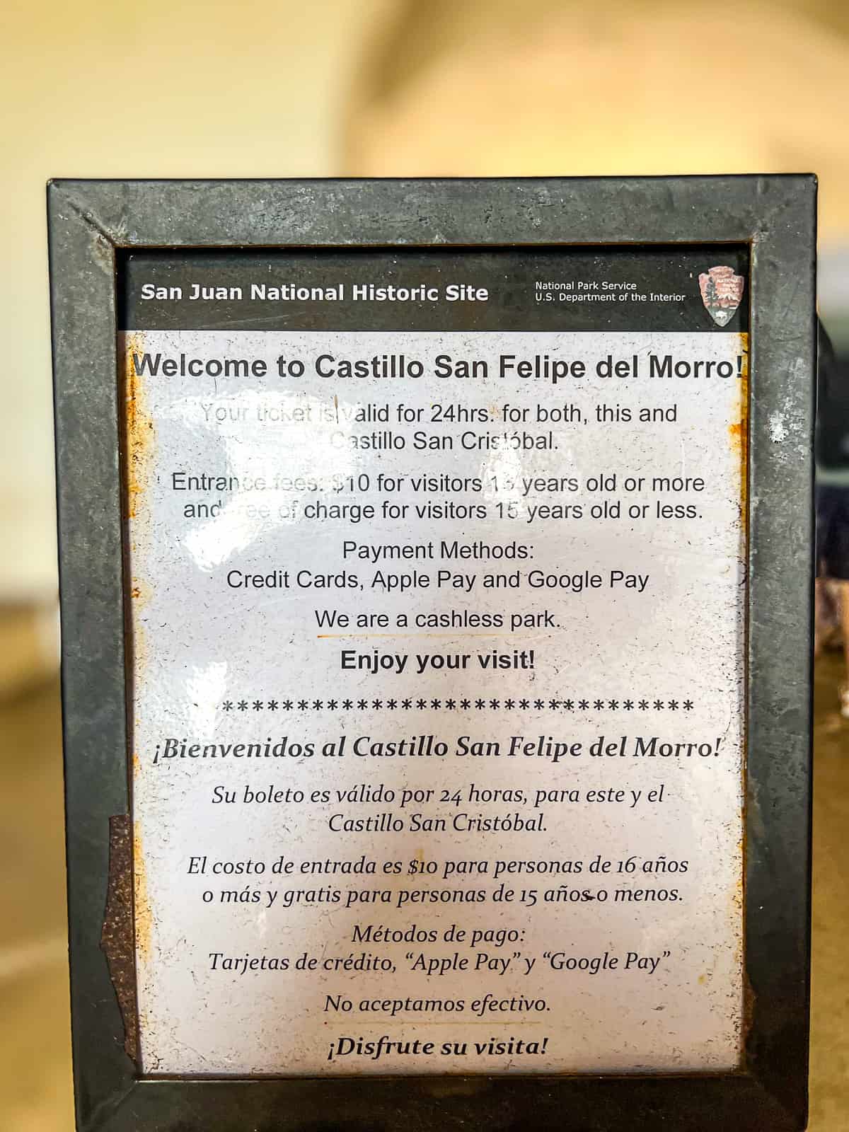Castillo San Felipe Del Morro Ticket Prices Sign