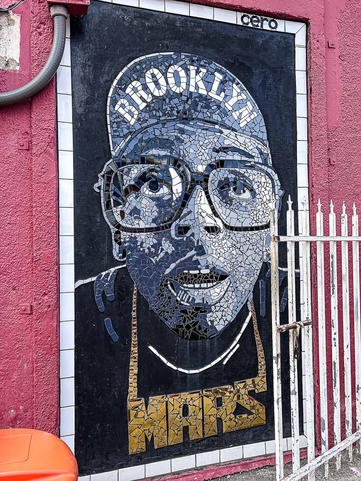 Closeup of Brooklyn Hat Man with Mars Necklace Street Art in Santurce San Juan Neighborhood