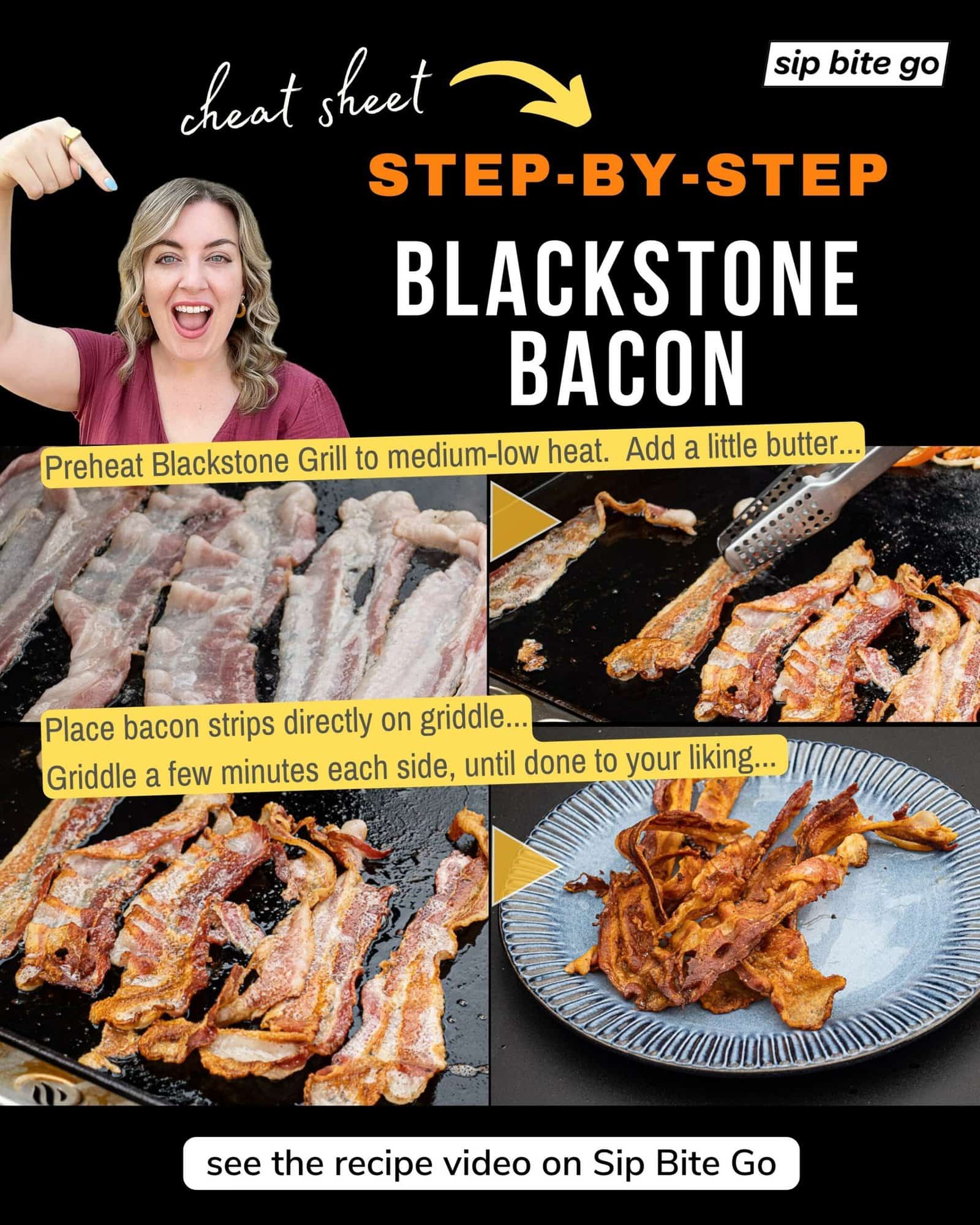 Infographic demonstrating How To Cook Blackstone Bacon Recipe with captions and Sip Bite Go logo