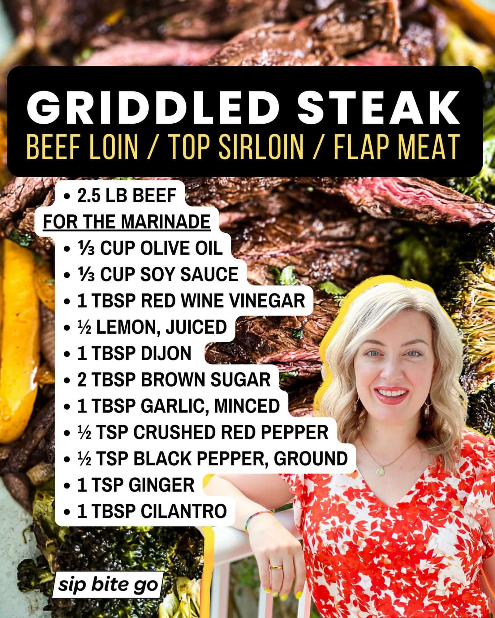 Infographic with ingredients for cooking Beef Loin Top Sirloin Flap Meat Recipe On Griddle with Jenna Passaro and Sip Bite Go logo