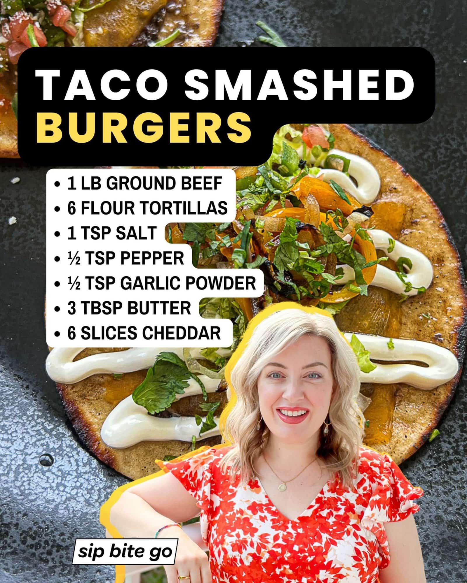Infographic with ingredients list for taco smashed burgers with Sip Bite Go logo