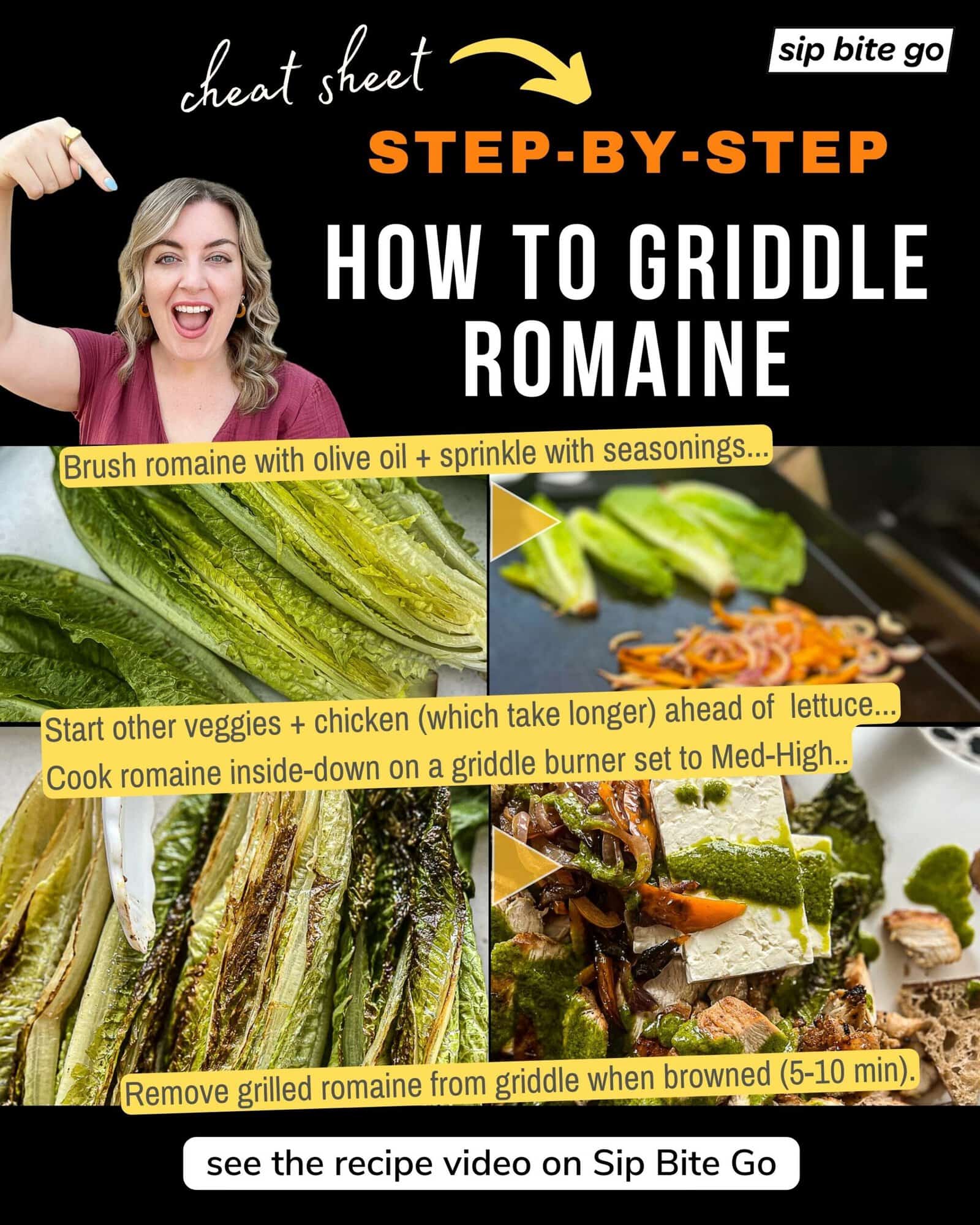 Infographic with recipe steps and captions demonstrating how to griddle grill romaine lettuce for salad with Sip Bite Go logo
