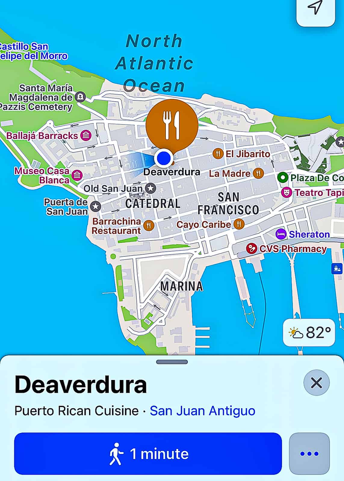 Location of Deaverdura Restaurant in Old San Juan Puerto Rico