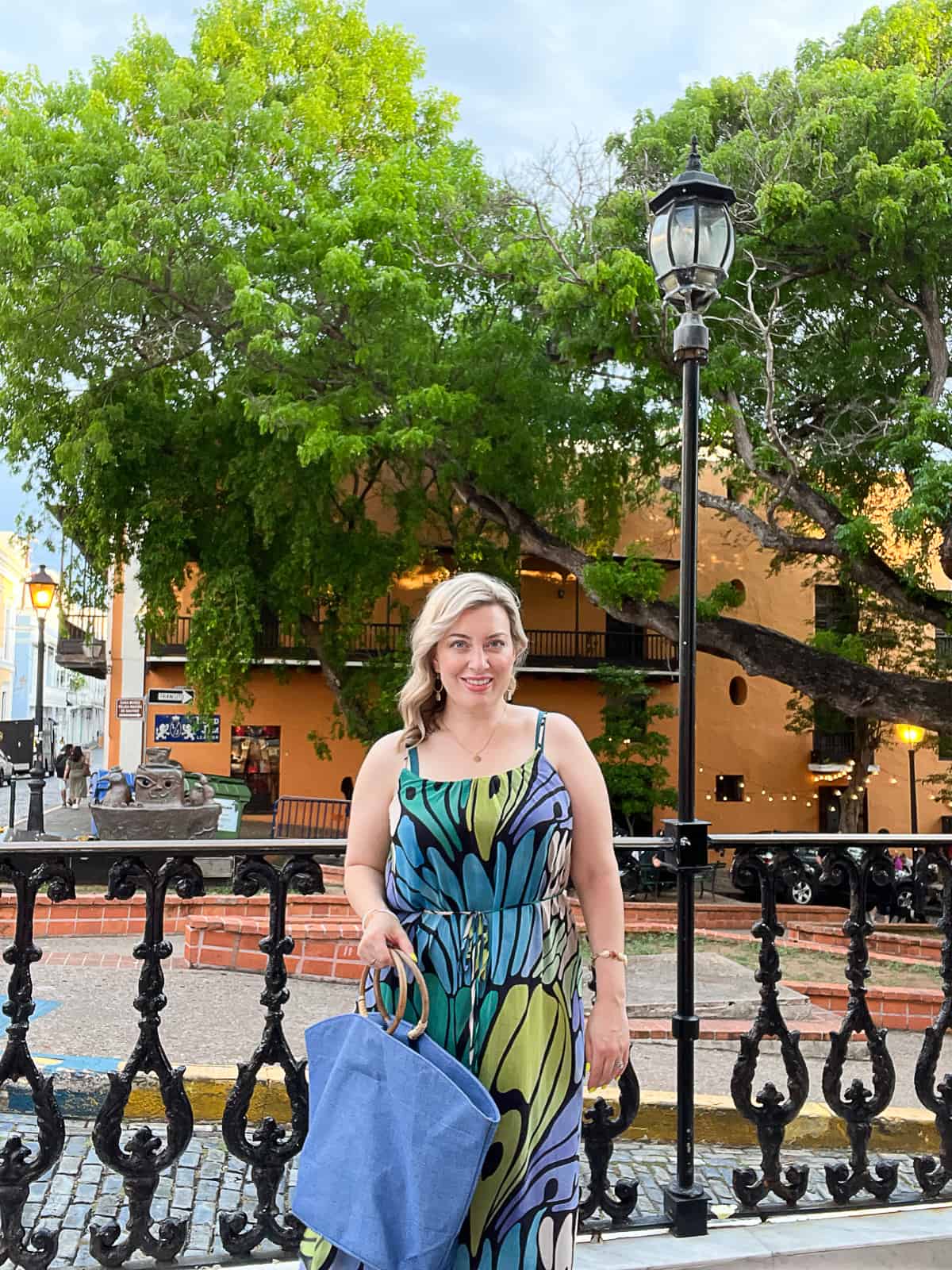 Travel Blogger Jenna Passaro infront of Plaza outside Hotel el Convento in Old San Juan Puerto Rico
