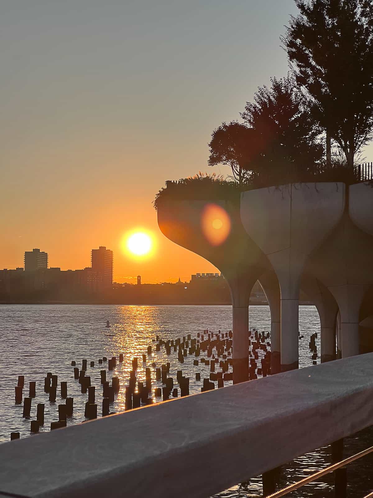 View of Little Island NYC with Sunset in background on water