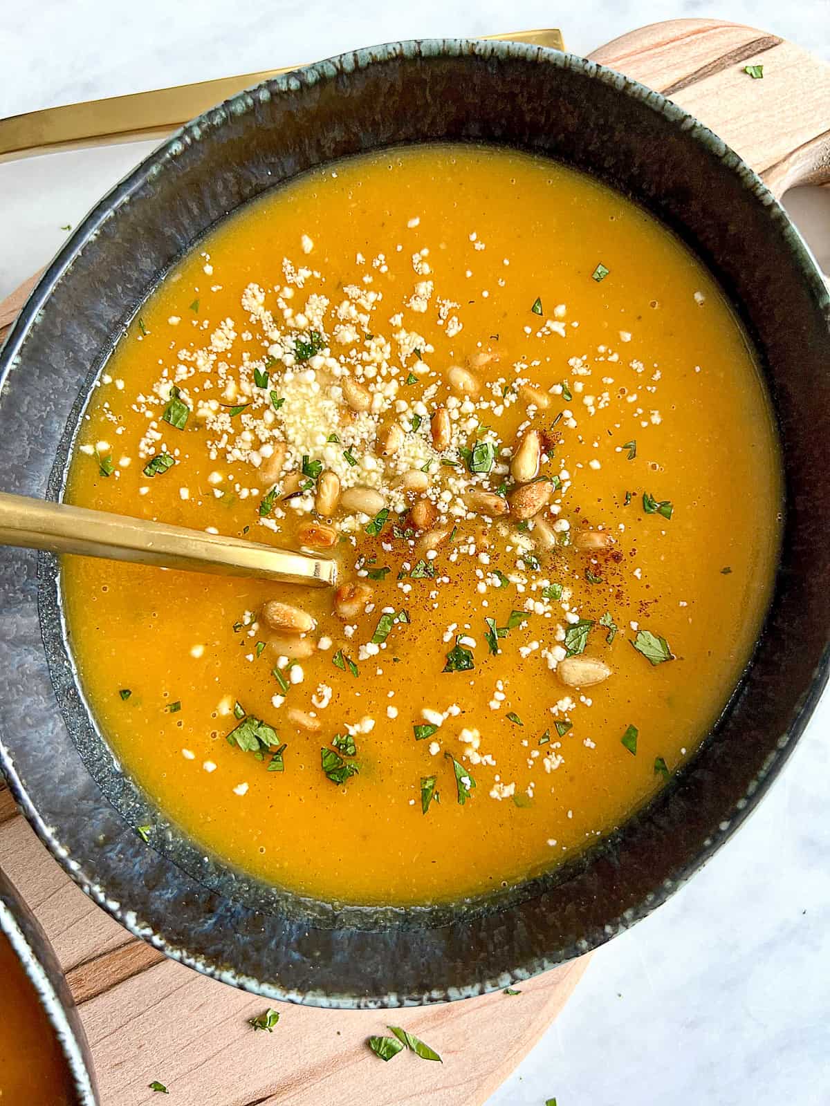 Closeup of homemade Butternut Squash Soup appetizer bowl
