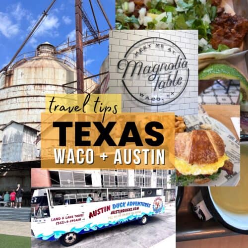 Food and Activities Collage of Family-Friendly Travel Visiting Waco and Austin Texas with text overlay