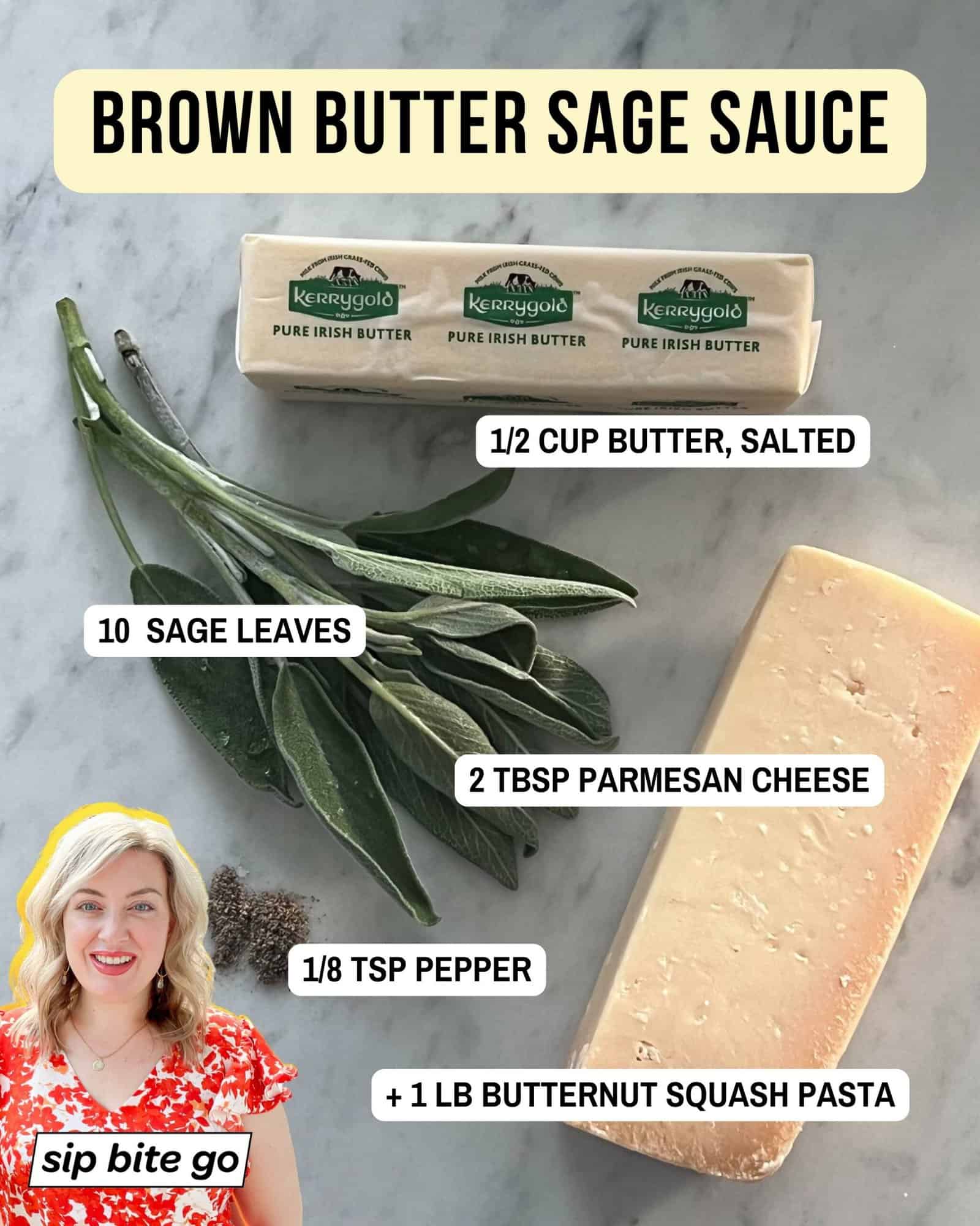 Infographic with Brown Butter Sage Sauce Ingredients with text captions and logo