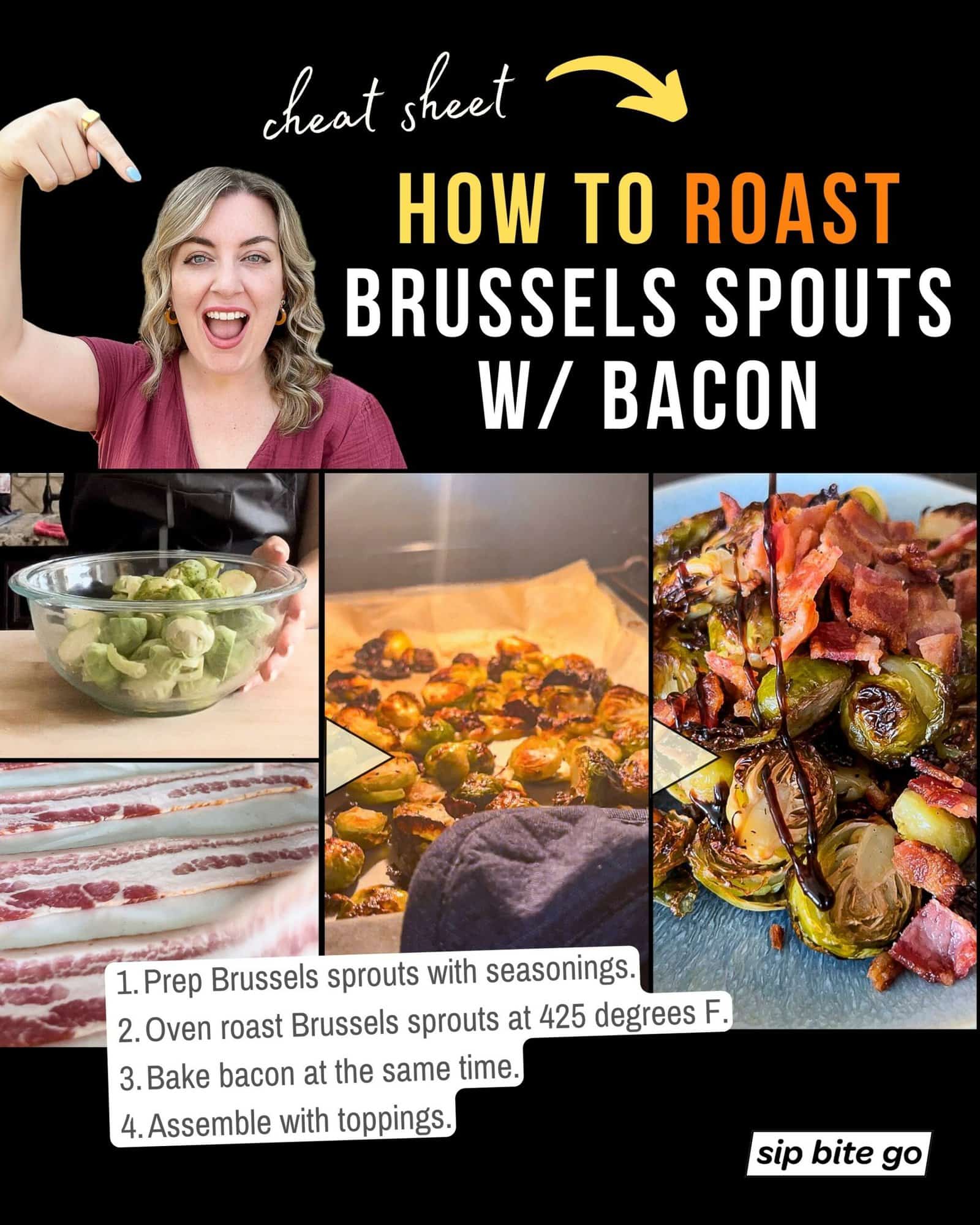 Infographic with captions and recipe steps demonstrating How to make brussels sprouts with bacon in the oven with logo