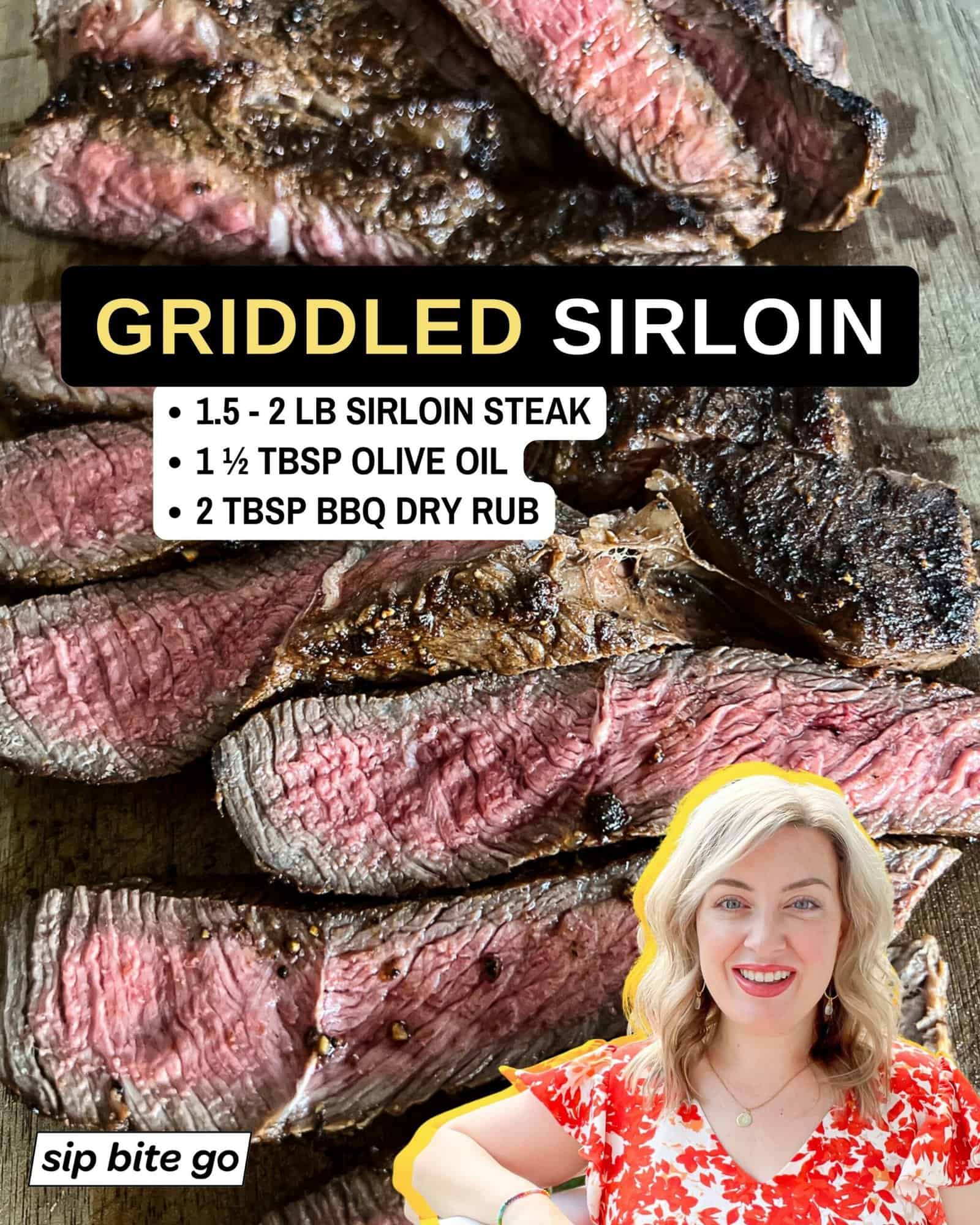 Infographic with list of ingredients for griddle cooking Sirloin Steak with Sip Bite Go logo