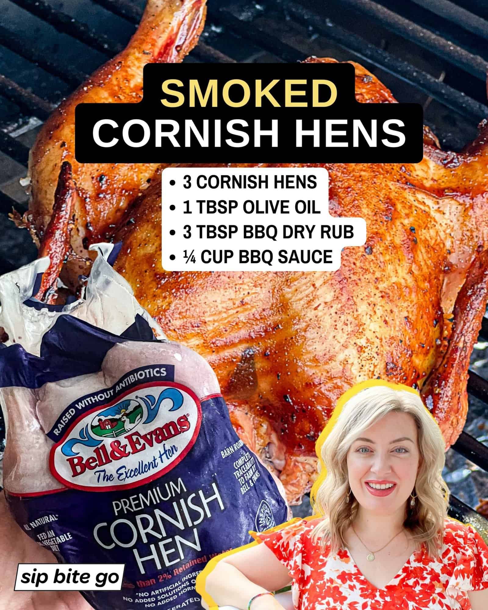 Infographic with list of ingredients to make smoked cornish hen in the traeger pellet grill