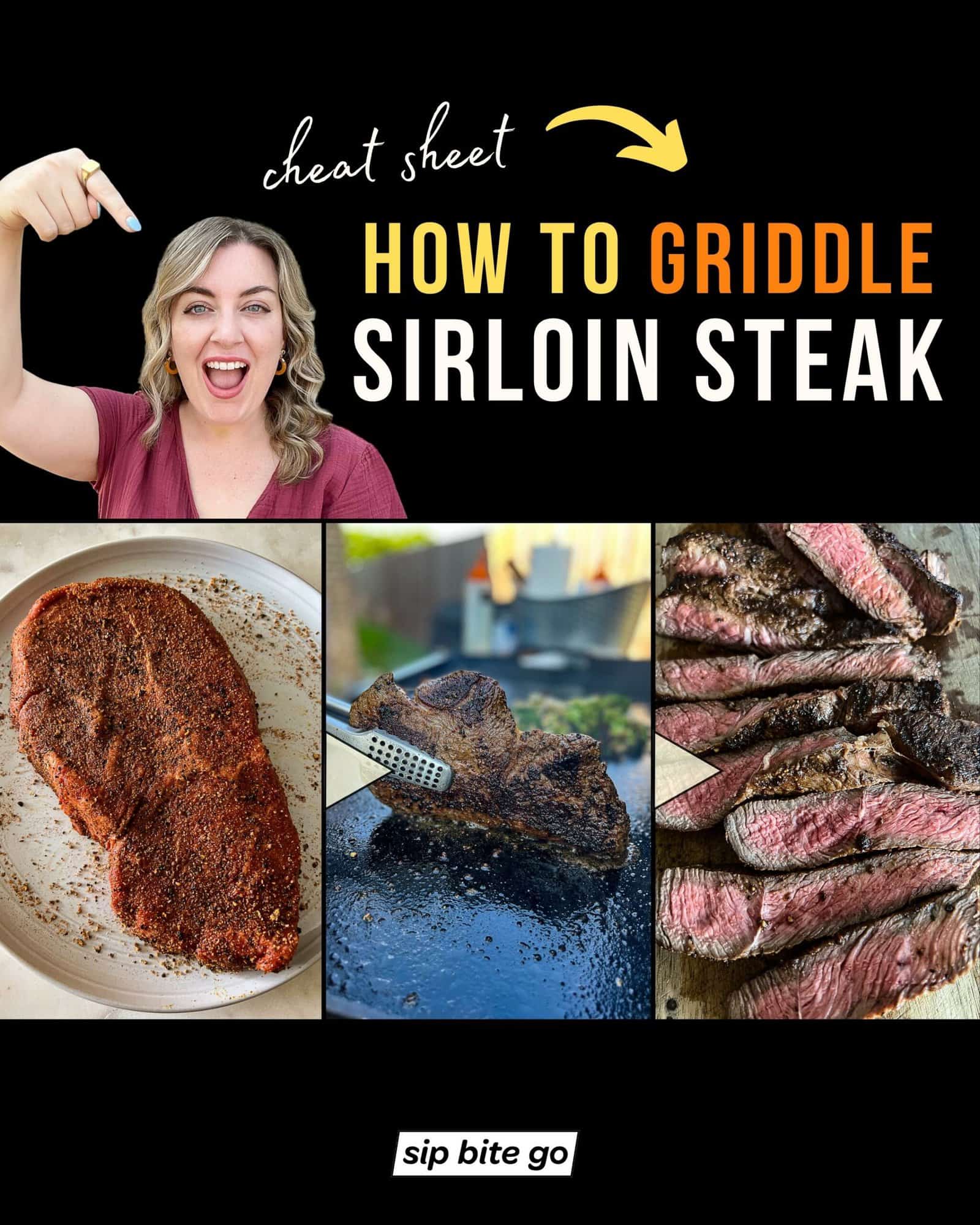 Infographic with recipe steps depicting how to cook griddled sirloin steak on the flattop with Jenna Passaro from Sip Bite Go