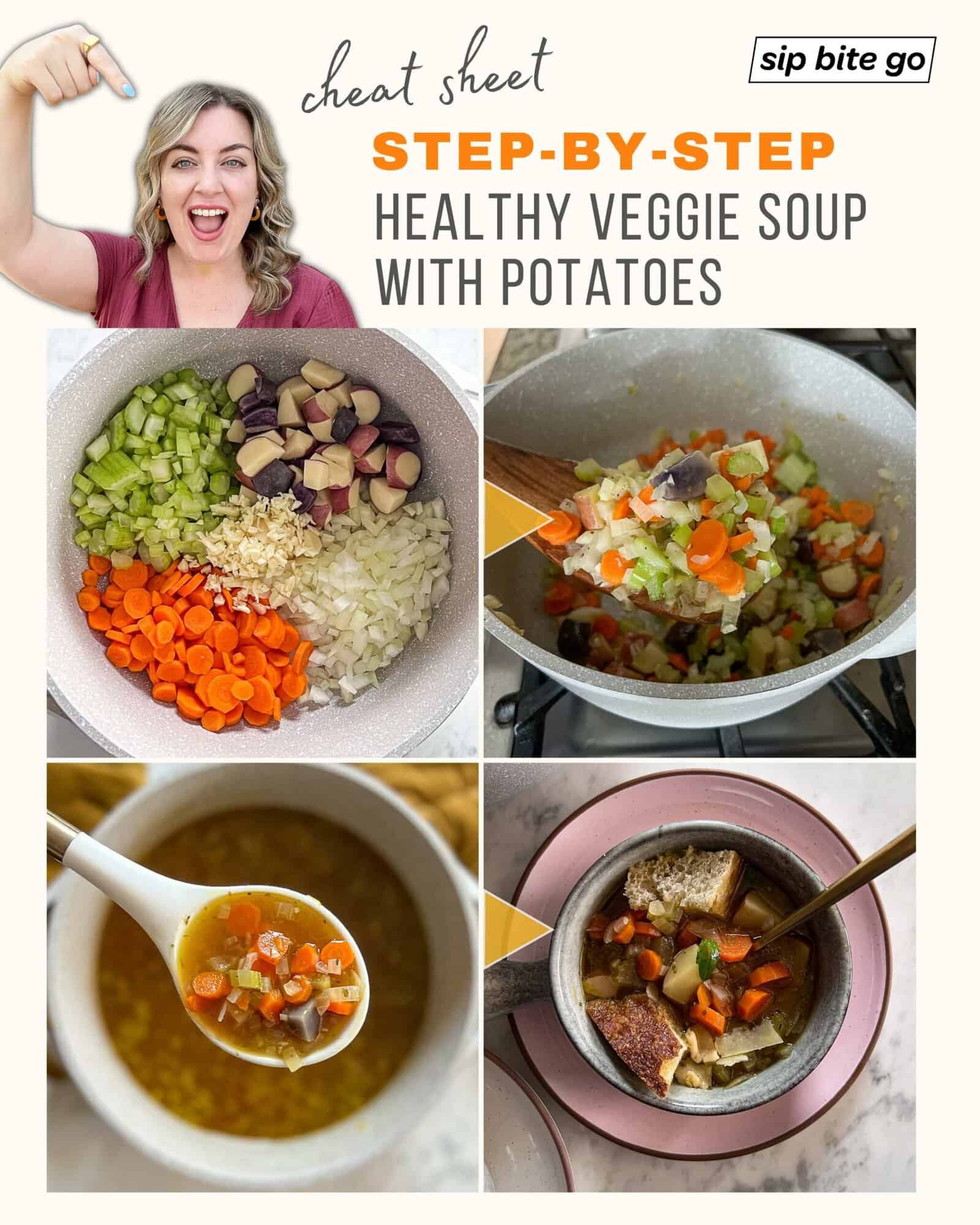 Infographic with step by step recipe depicting how to make vegetable soup with potatoes with Jenna Passaro and Sip Bite Go logo