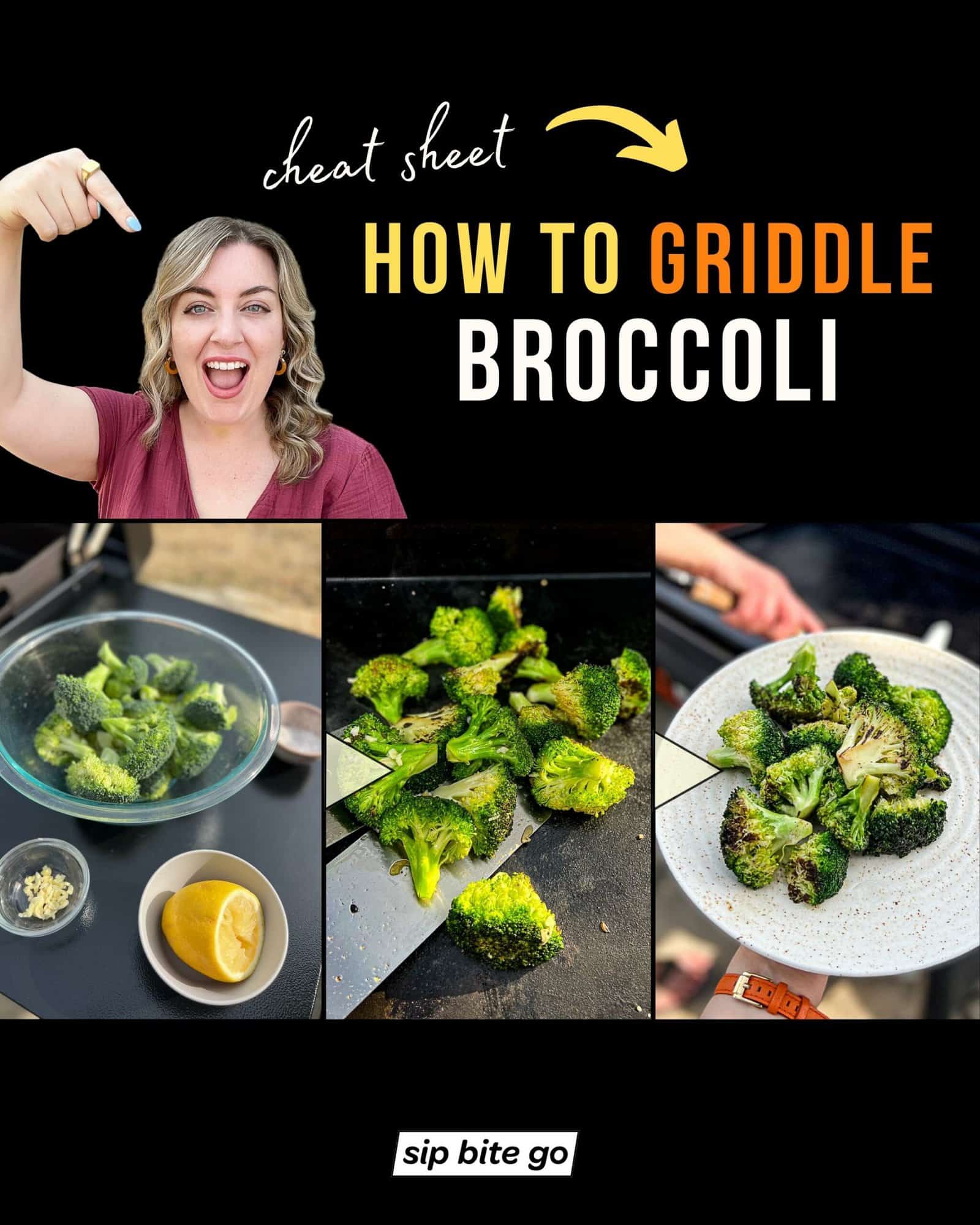 Infographic with step by step recipe images for cooking griddled broccoli with Jenna Passaro and Sip Bite Go logo