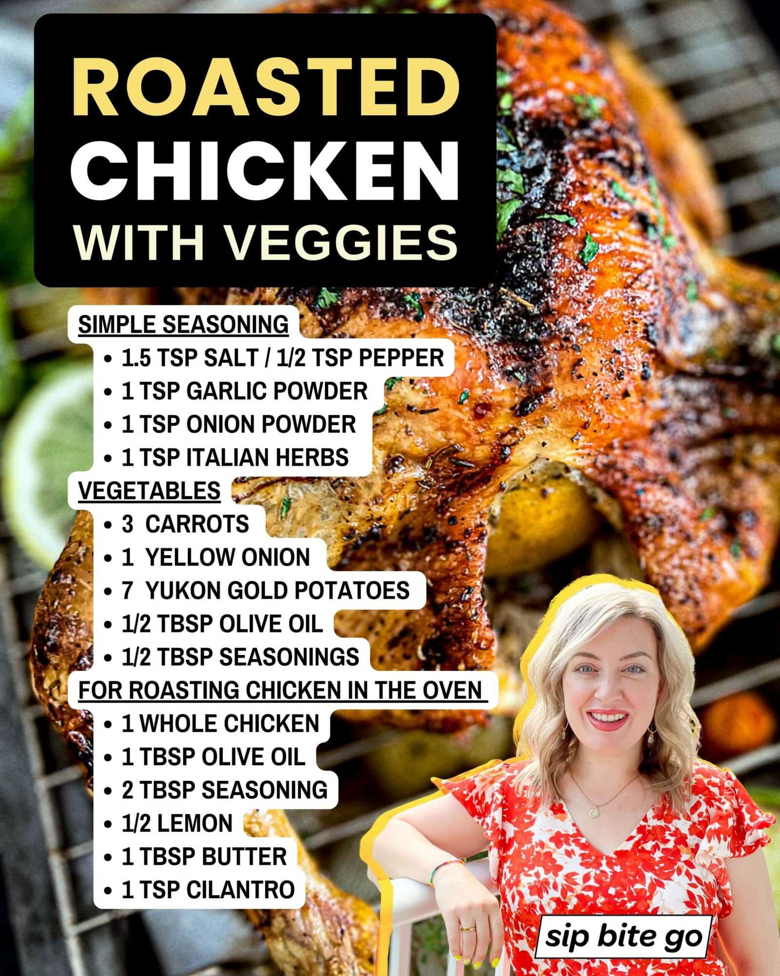 Ingredients list to roast chicken with vegetables with Jenna Passaro food blogger and logo