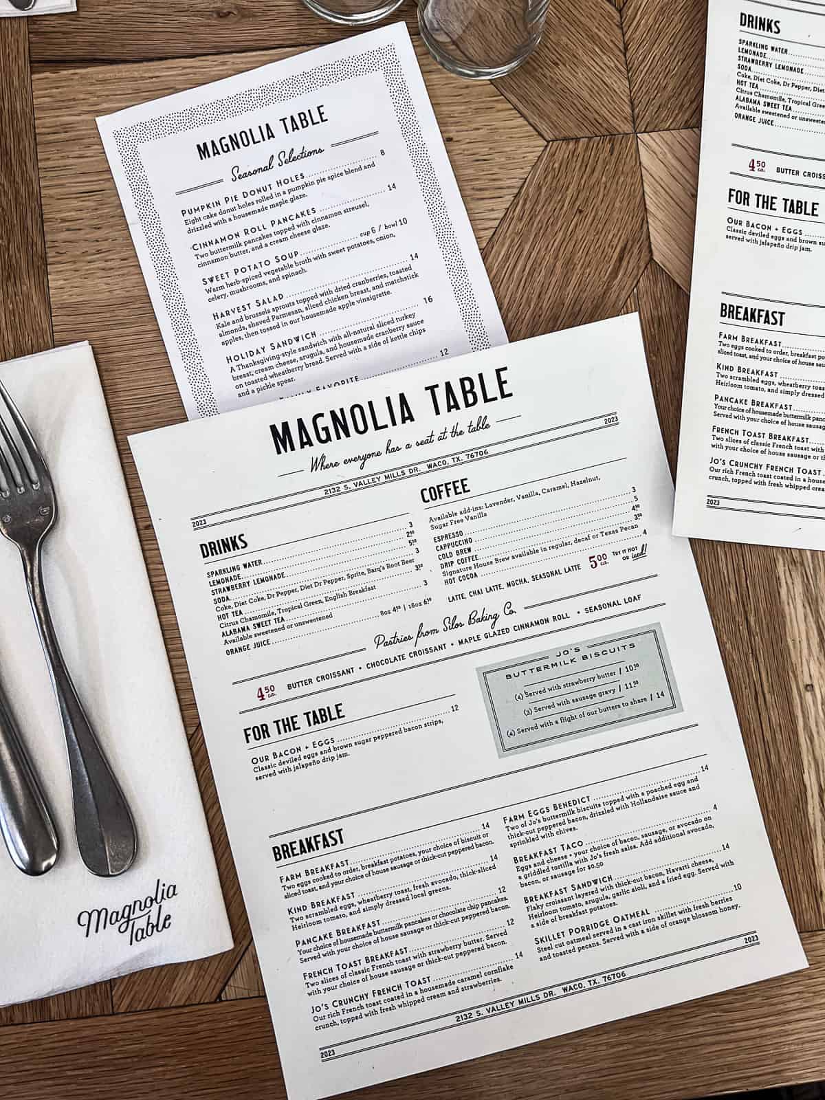 Magnolia Table Menu in Waco TX