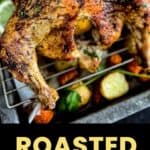 Roasted Chicken In Oven Recipe with veggies and potatoes with text overlay and Sip Bite Go logo