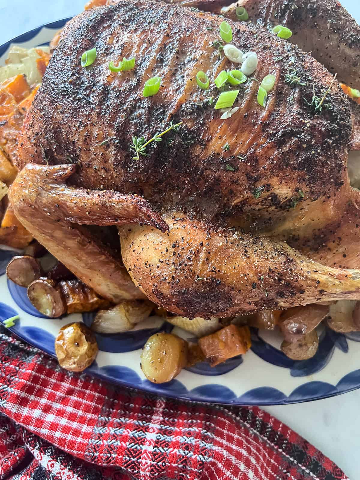 Closeup of Crispy Skin On Whole Chicken Roasted at 375 Degrees