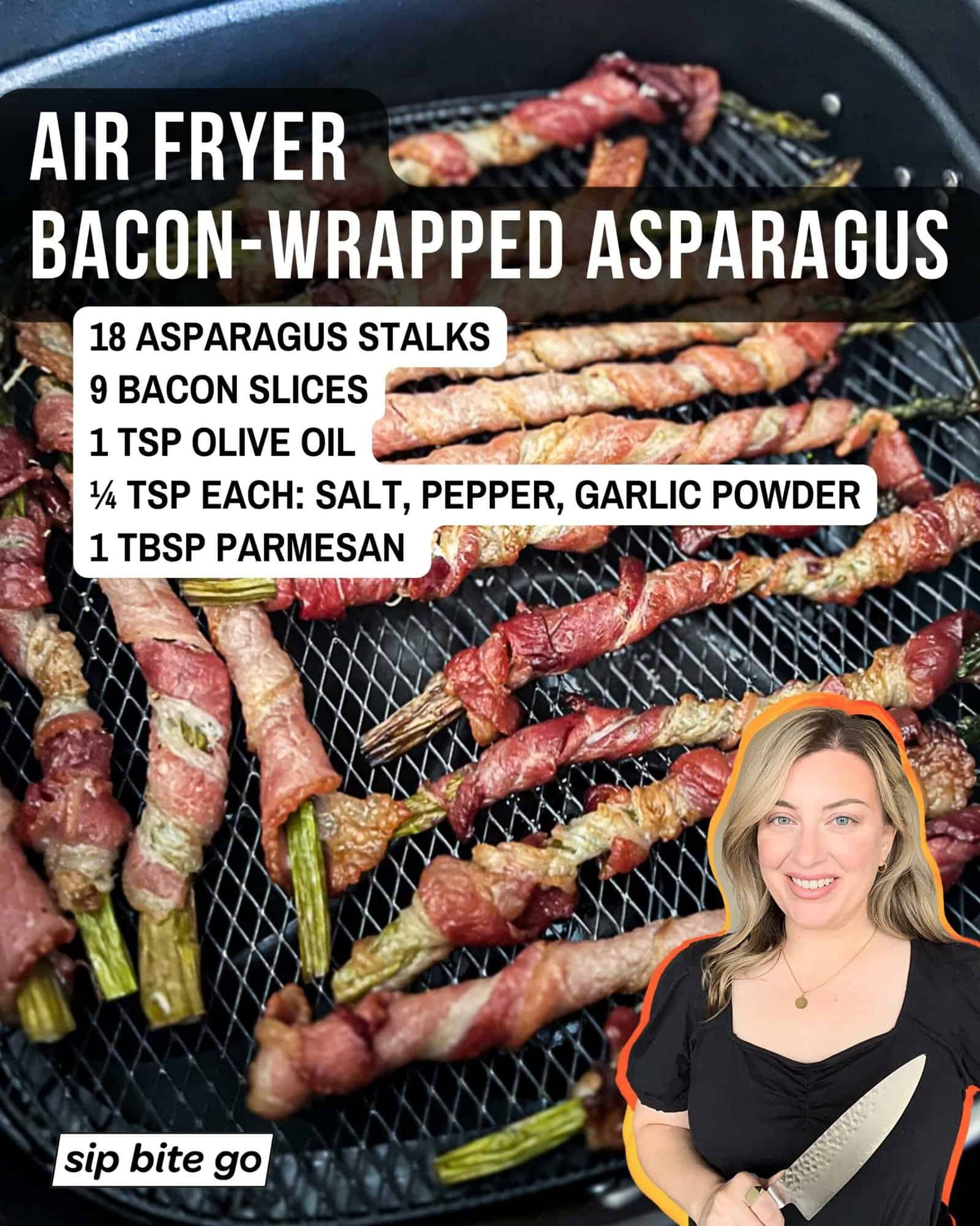 Infographic with ingredients list to make air fryer bacon wrapped asparagus