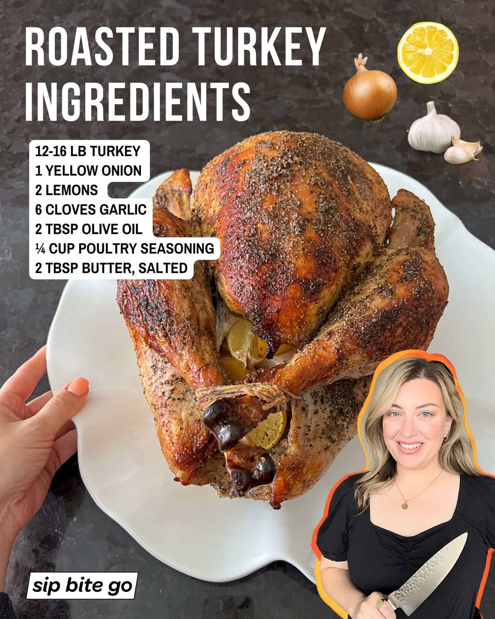 Infographic with recipe ingredients for roasting a turkey in the oven with Jenna Passaro from Sip Bite Go