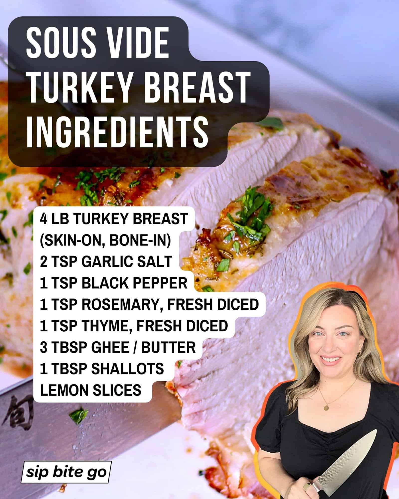 Infographic with recipe ingredients list for sous vide turkey breast with Jenna Passaro and Sip Bite Go logo