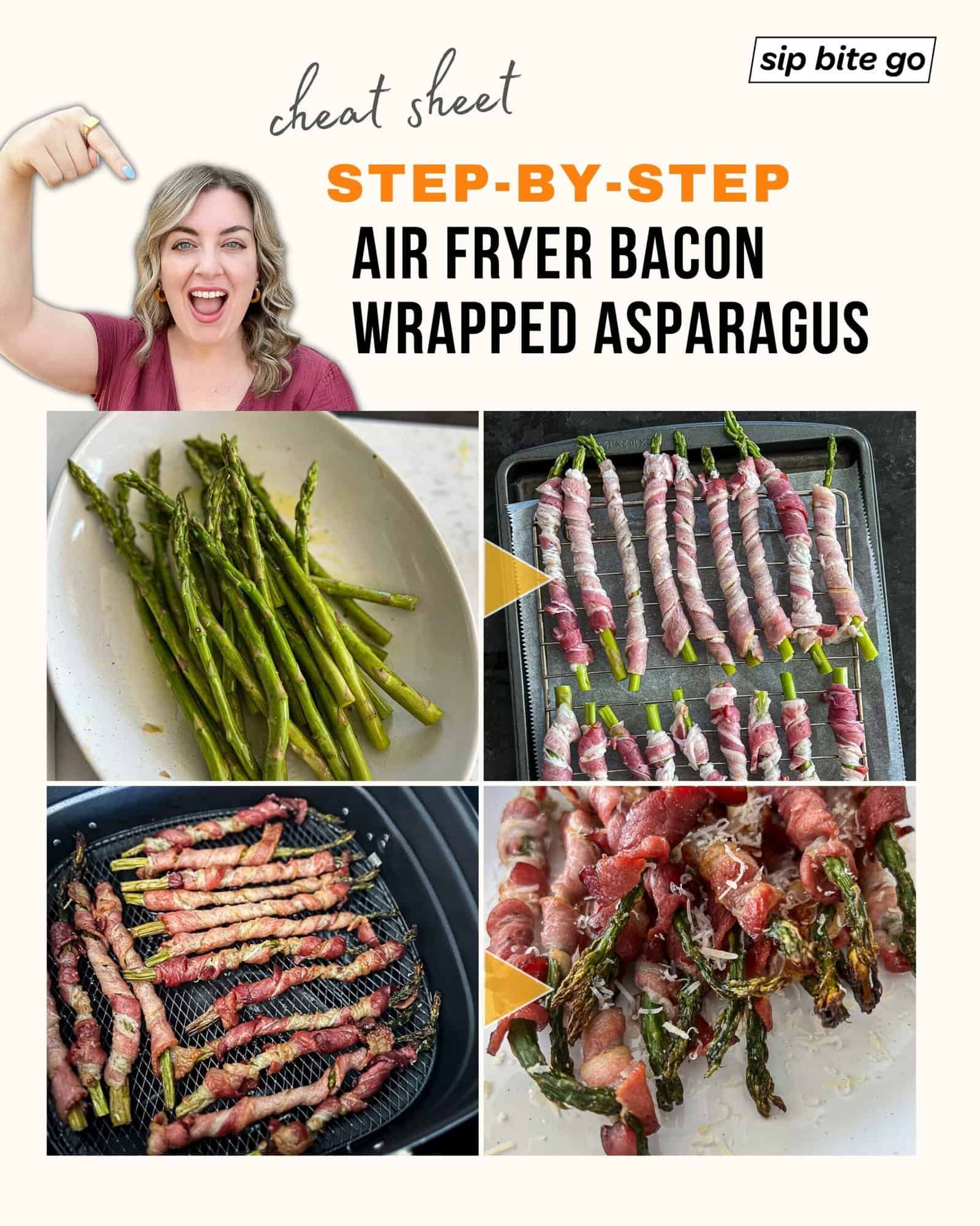 Infographic with recipe steps to make bacon wrapped asparagus in the air fryer