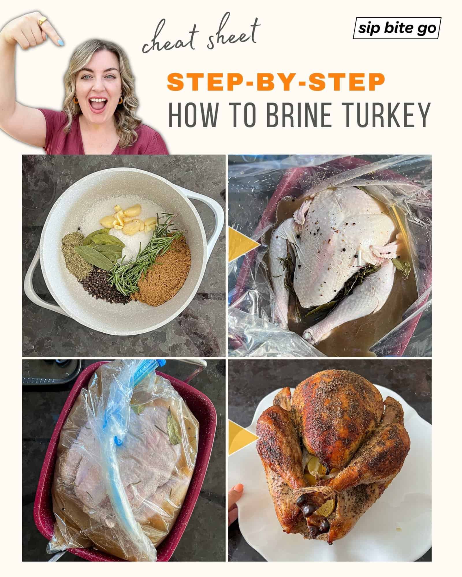 Infographic with step by step recipe guide to brining a turkey with Jenna Passaro and Sip Bite Go logo