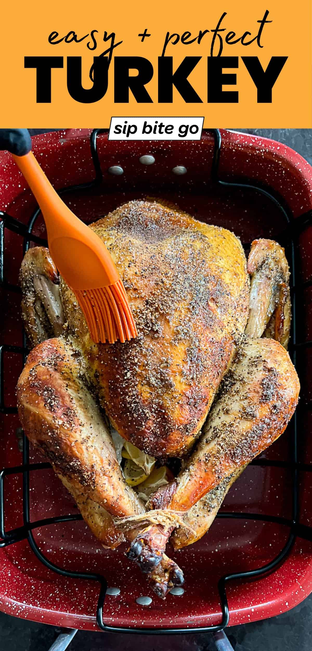 Roasted Turkey Recipe with text overlay and Sip Bite Go logo