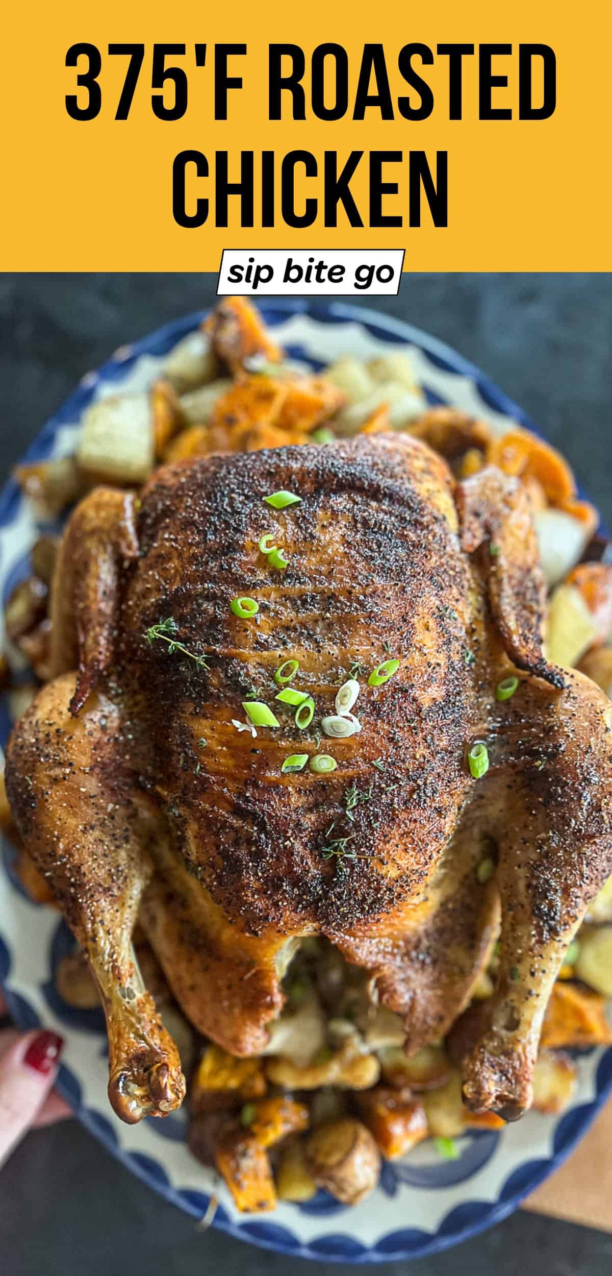 Roasted Whole Chicken at 375 with text overlay