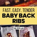 BBQ Baby Back Ribs Oven Recipe with text overlay SipBiteGo