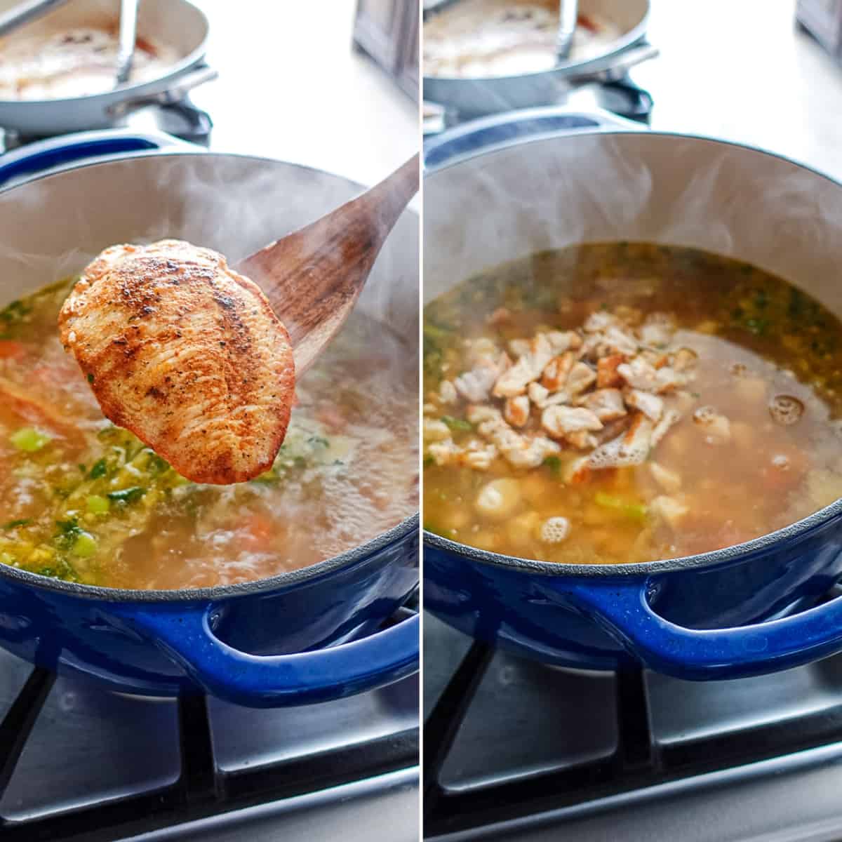 Before and after images of cooked chicken for chicken and lime soup recipe