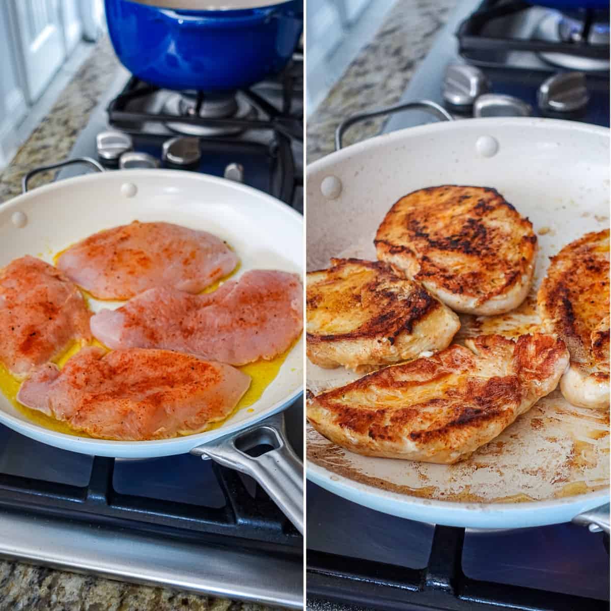 Before and after images of searing chicken breast for soup